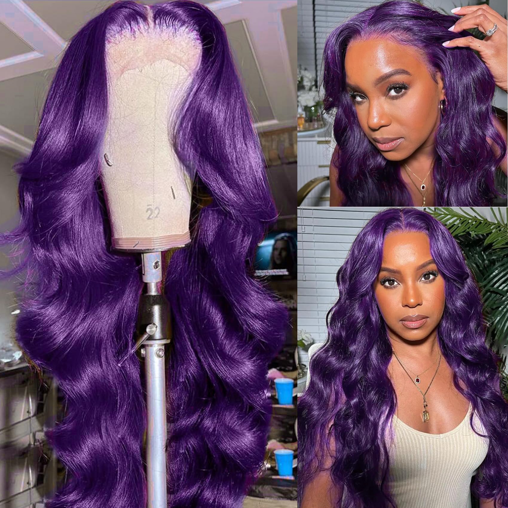YMS 13x4 Lace Front Wig - 16 Inch Body Wave Human Hair - Purple, Pre Plucked, Glueless, 180% Density