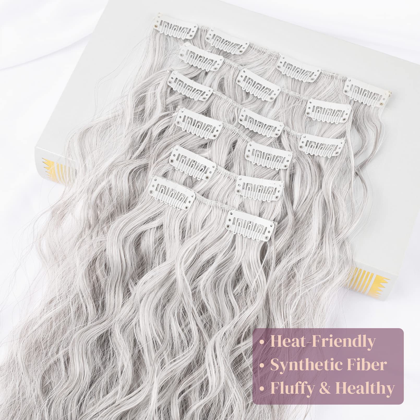 LONAI Clip In Hair Extensions, 6PCS Curly 24 '' Long Synthetic Clip On Hairpiece For Women-Grey/Silver/White Mixed