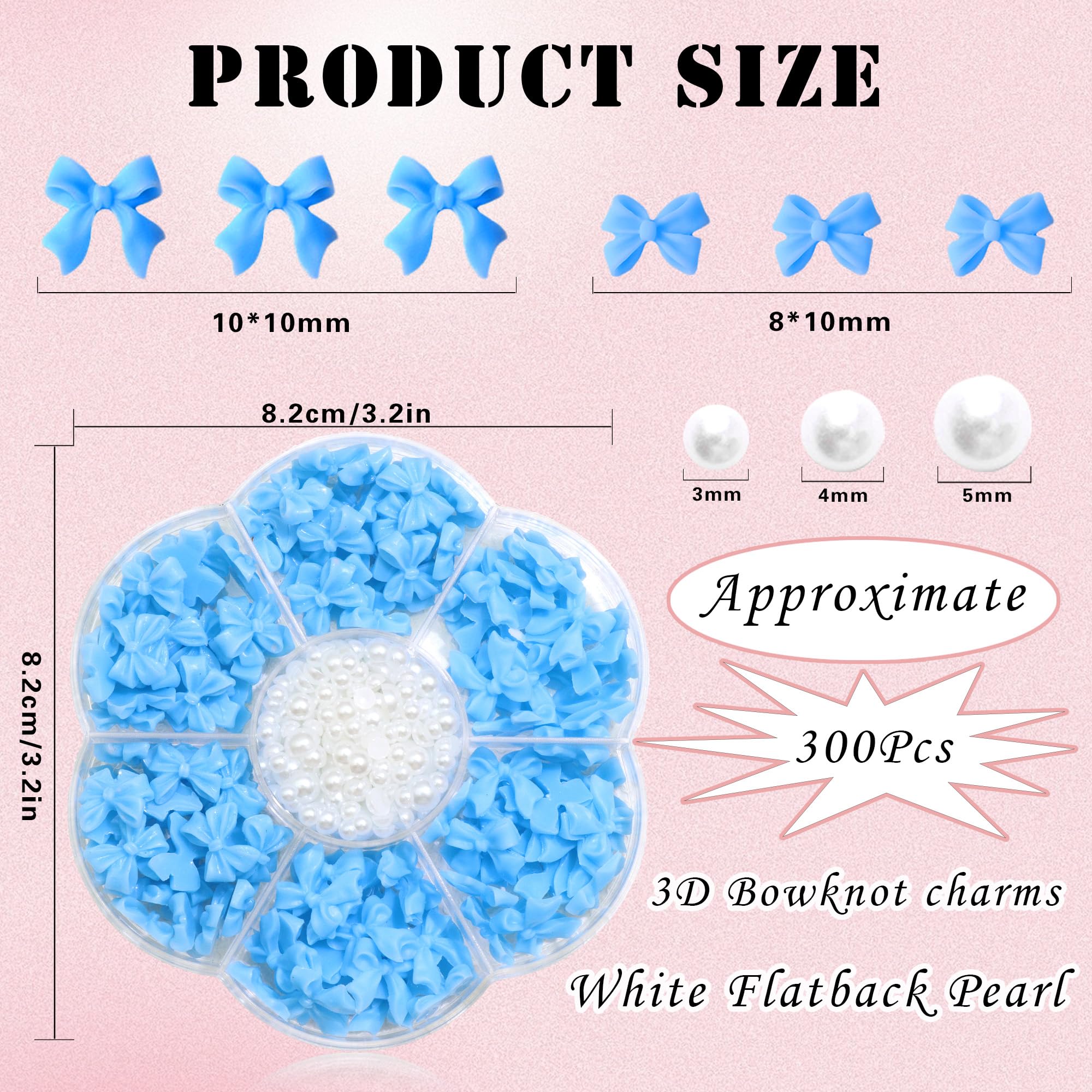 300Pcs Bow Nail Charms And Flatback Pearls,Blue Bowknot 3D Cute Nail Charms For Acrylic Nail Supplies Design,3-5Mm White Half Pe