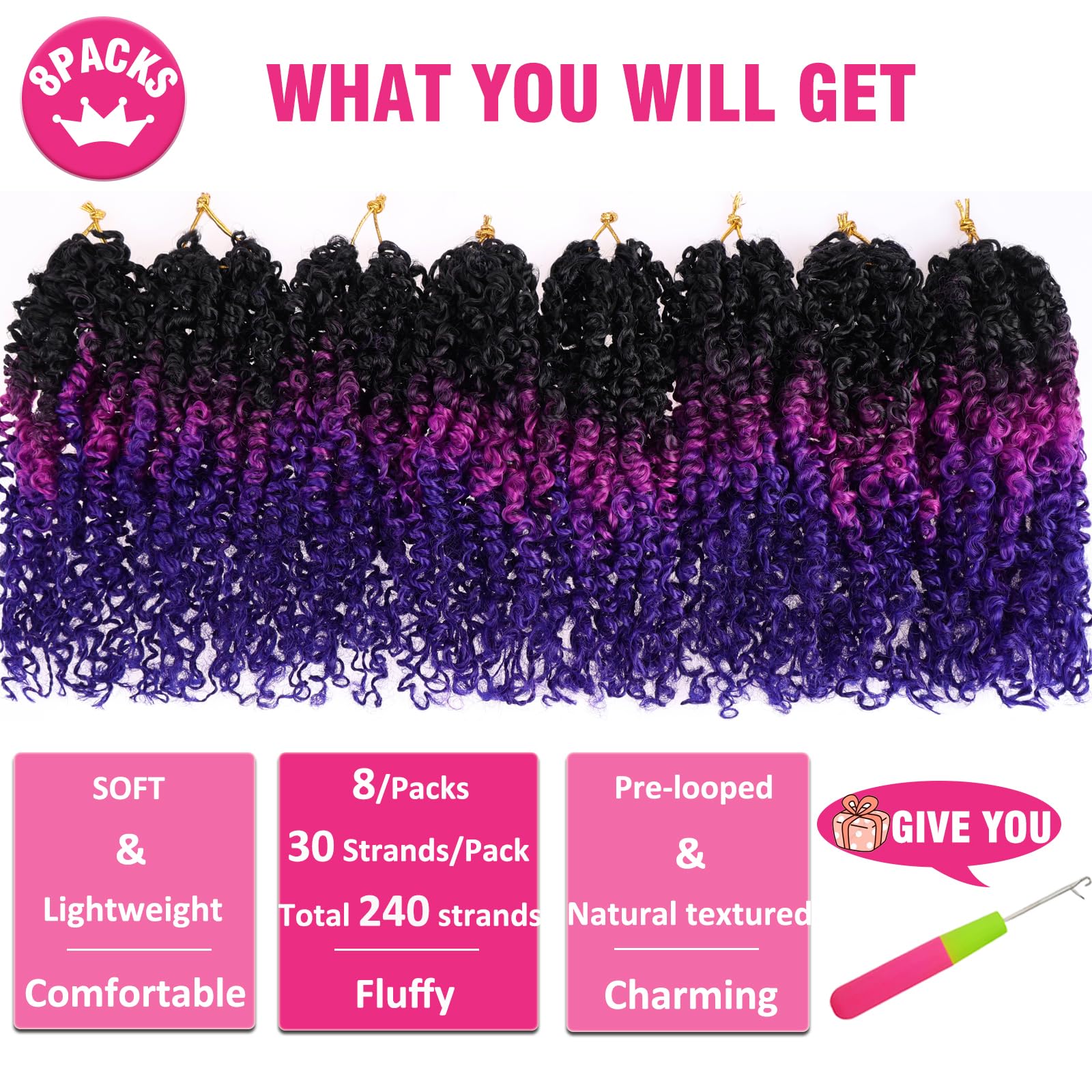 Union Beauty Crochet Hair 8 Inch Passion Twist 8 PCS Ombre Black Purple Blue Synthetic Extensions