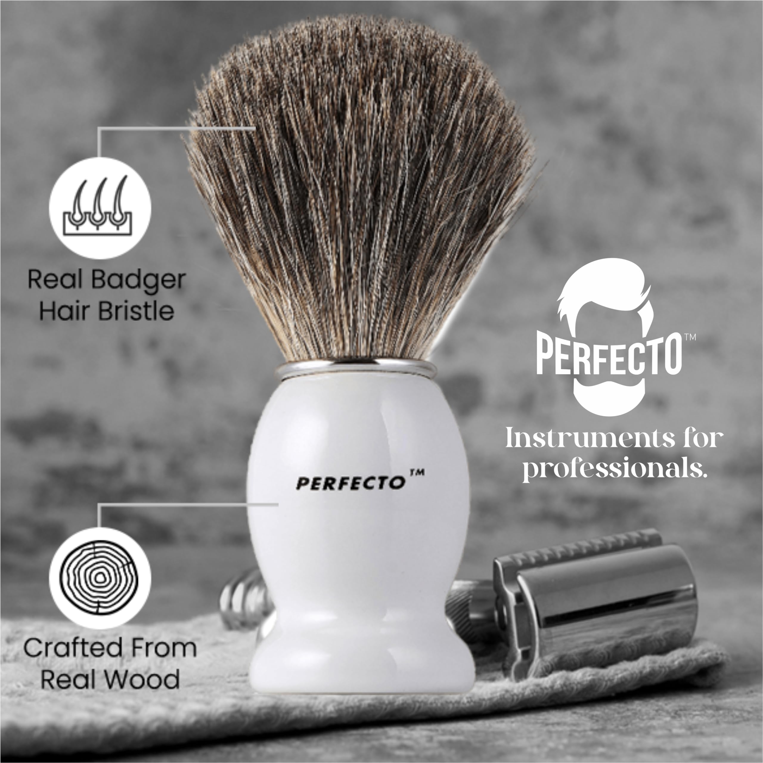 Perfecto 100% Pure Badger Shaving Brush-White Handle, Gift For Dad, Engineered For The Best Shave Of Your Life. For Fathers Day