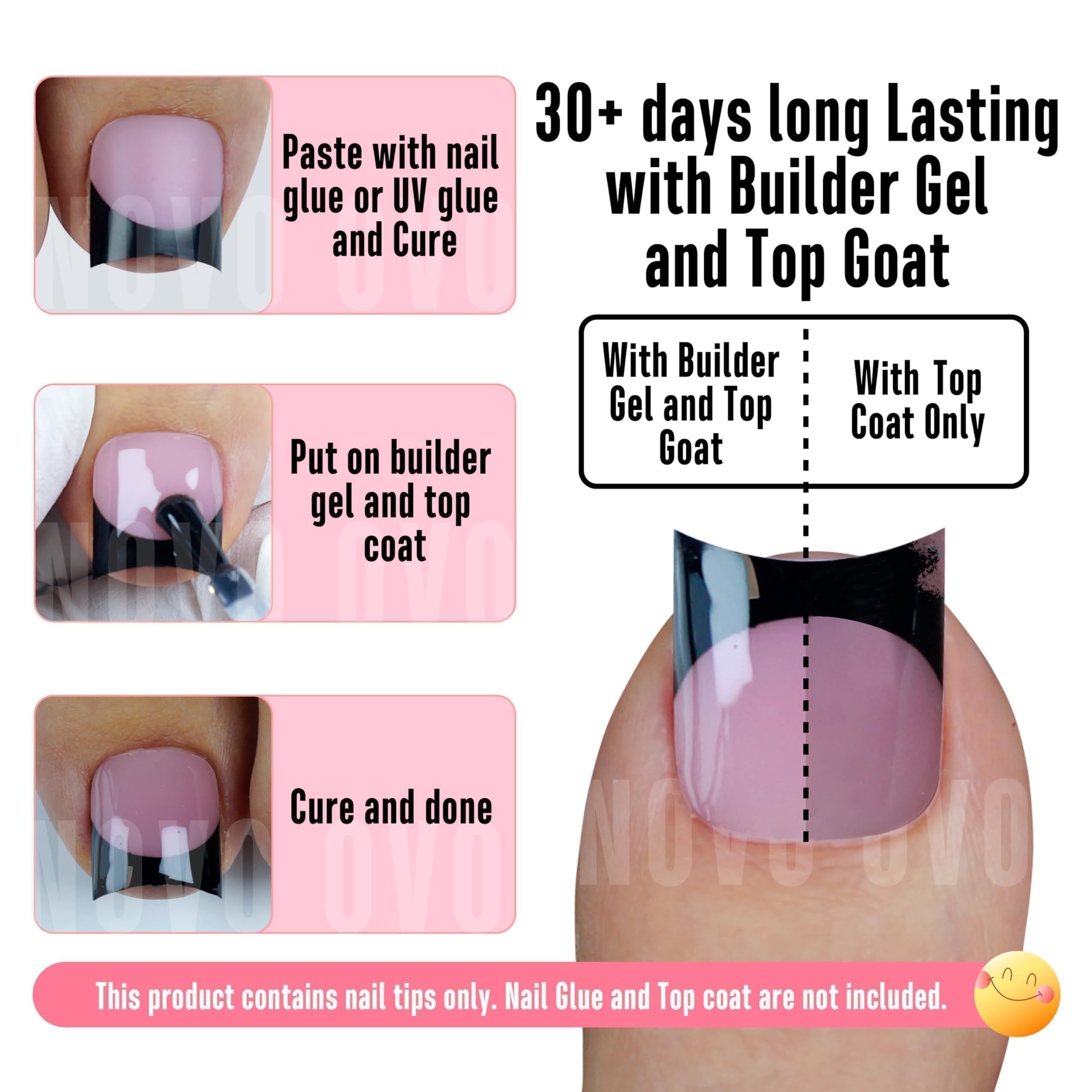 NOVO OVO Halloween Black French Tip Short Toe Nail Tips Press on with Moon Curve, BERRY PINK Thick Sharp Square Toenail Extensio