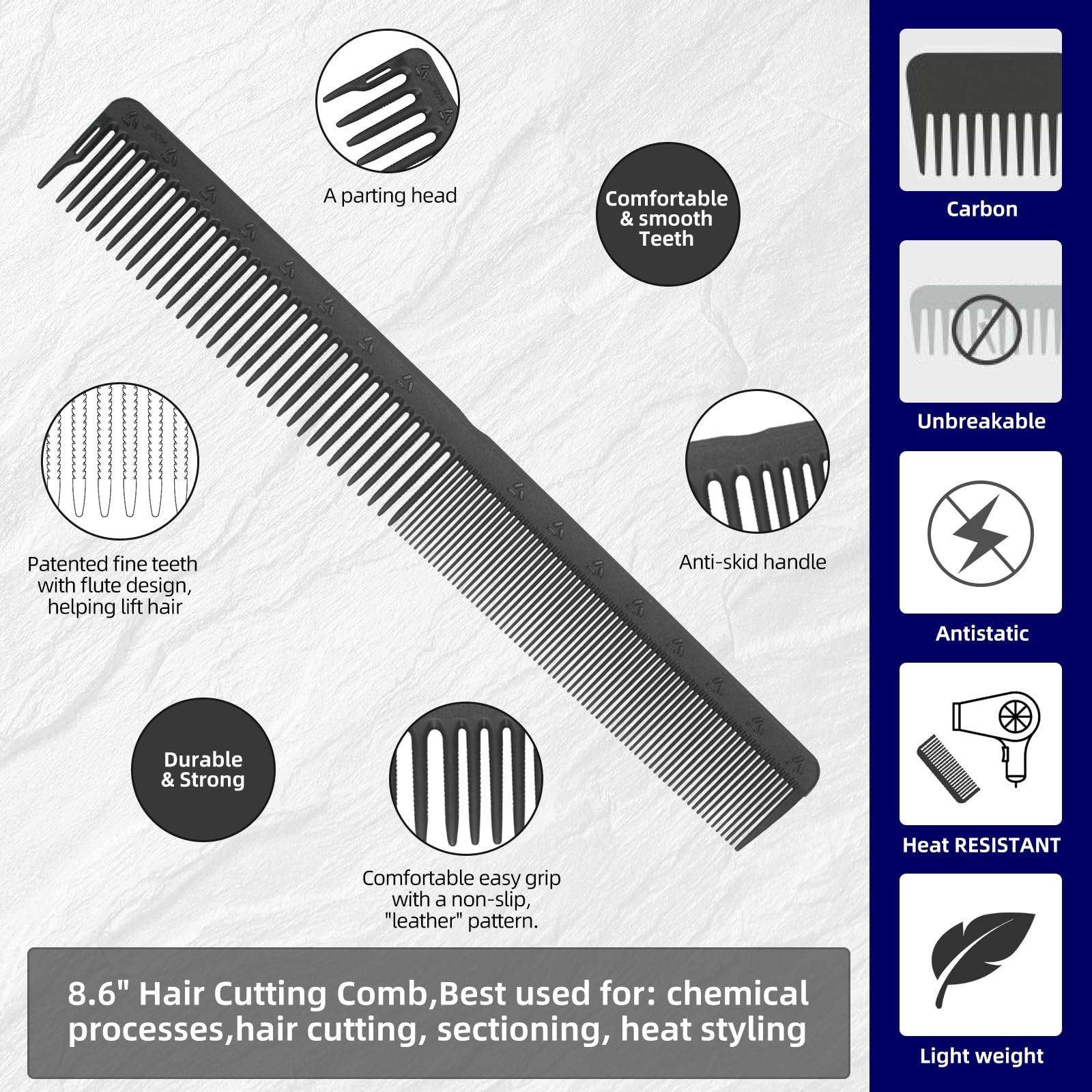 PERFEHAIR 2-Pack Professional Round Tooth Hair Cutting Comb - 8.6 Inch, Black Carbon Fiber Anti-Static & Heat Resistant, Durable