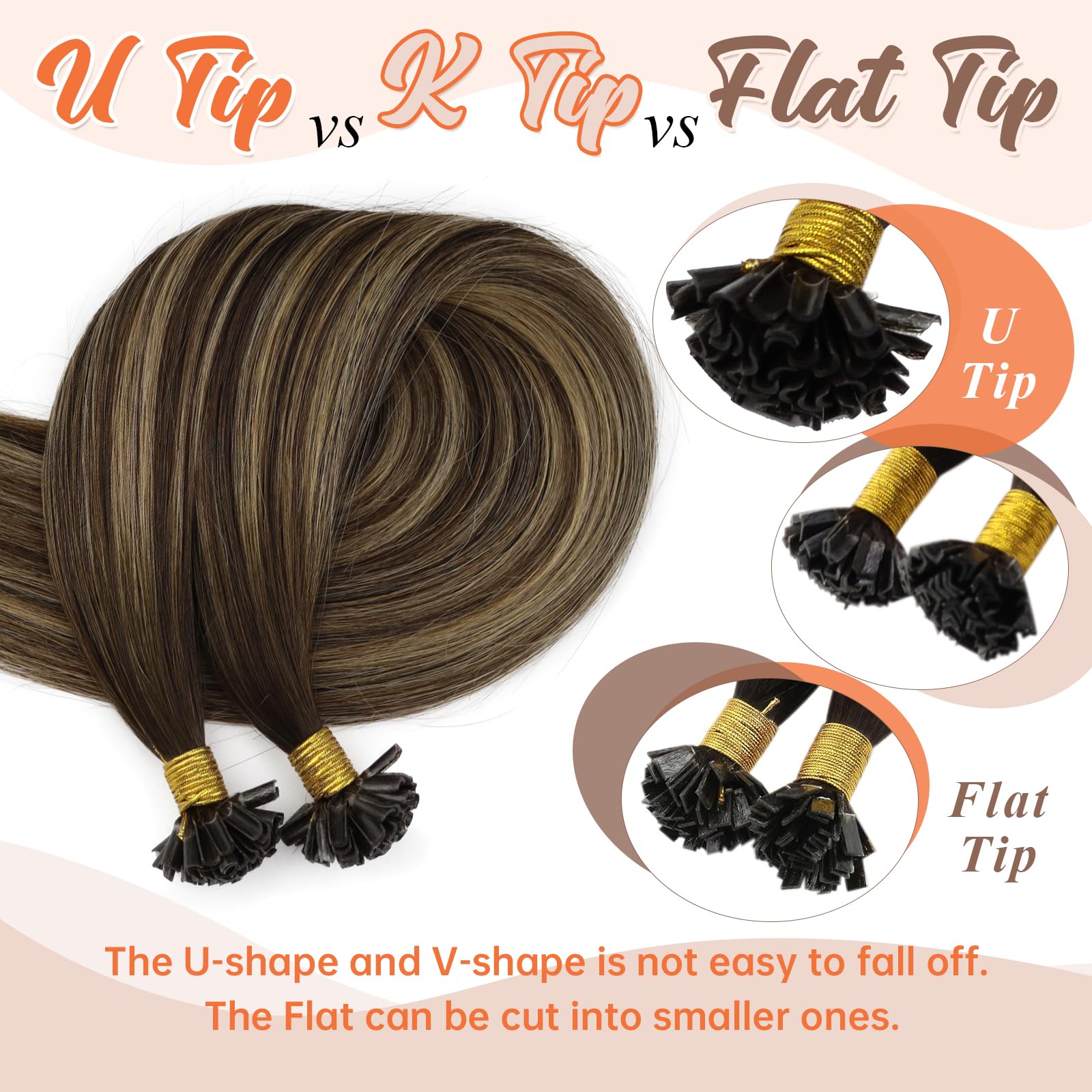 Sunny U Tip Hair Extensions Human Hair Brown Balayage Keratin Hair Extensions Medium Brown Balayage Caramel Blonde With Highligh