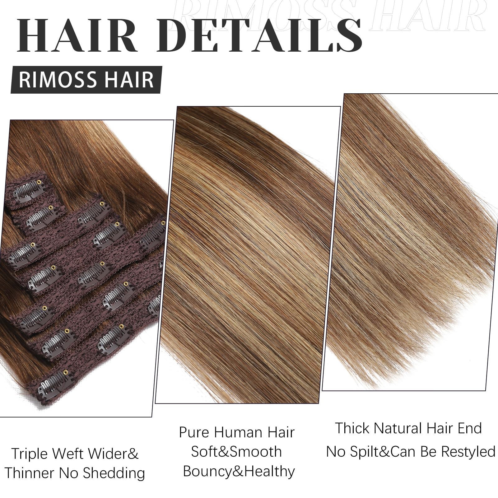 Rimoss Clip In Hair Extensions Real Human Hair, Premium 20 Inch 7Pcs Ombre Chocolate Brown To Caramel Blonde Balayage Remy Human