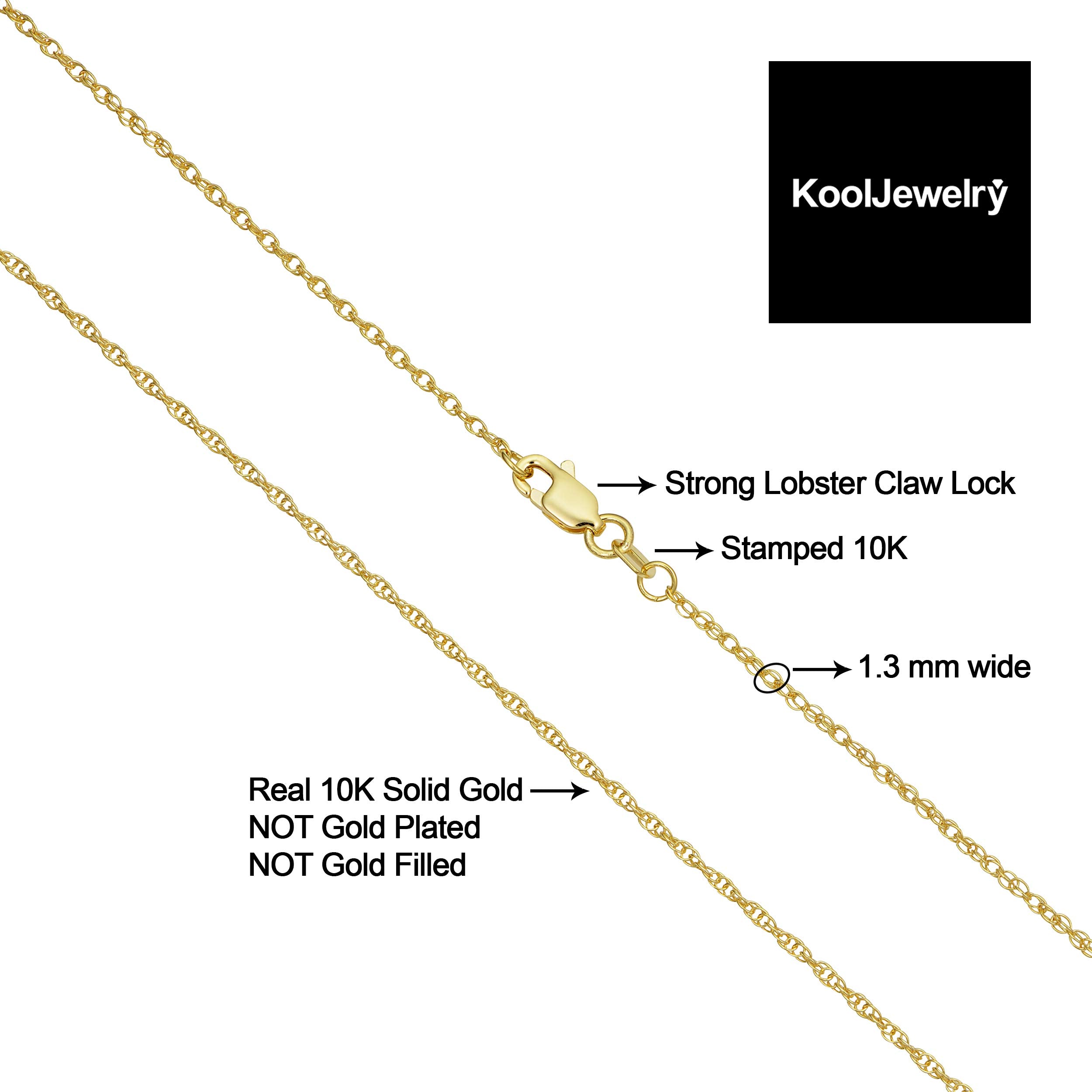 Kooljewelry Solid 10k Yellow Gold Rope Chain Necklace (1.3 mm, 20 inch)
