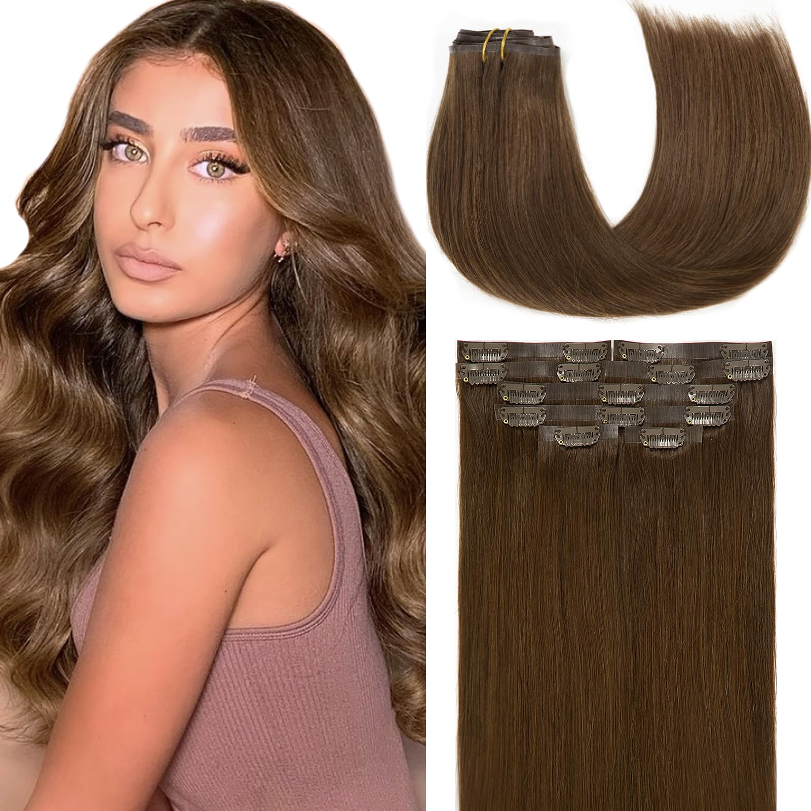 Loxxy Clip in Hair Extensions 20inch Seamless Clip in Hair Extensions Human Hair Natural Silky Straight Hair Invisible Pu Weft T
