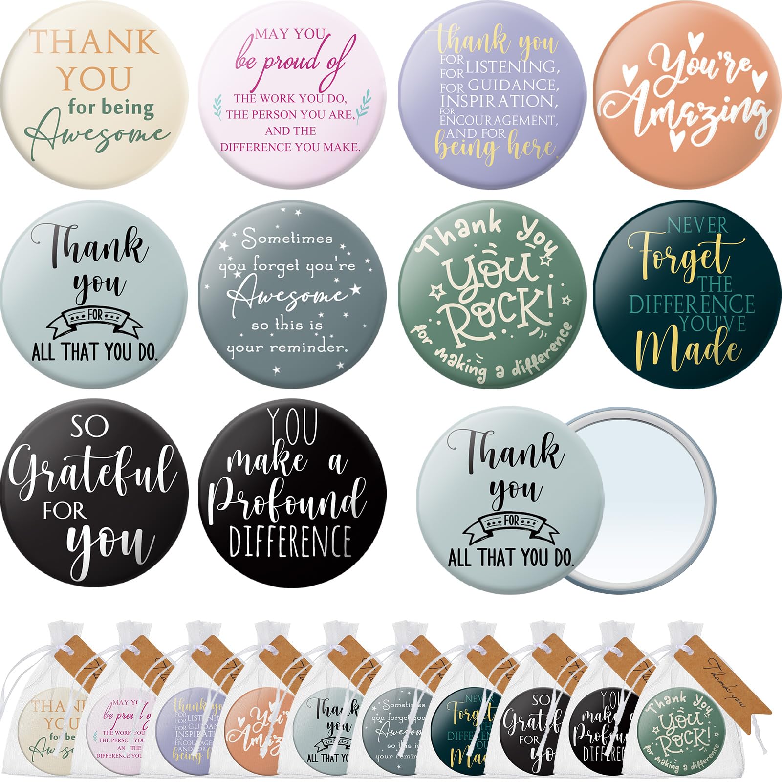 Thyle 30 Sets Employee Appreciation Gifts Inspirational Mini Mirror Bulk Compact Mirror with Thank You Tags Portable Makeup Pock