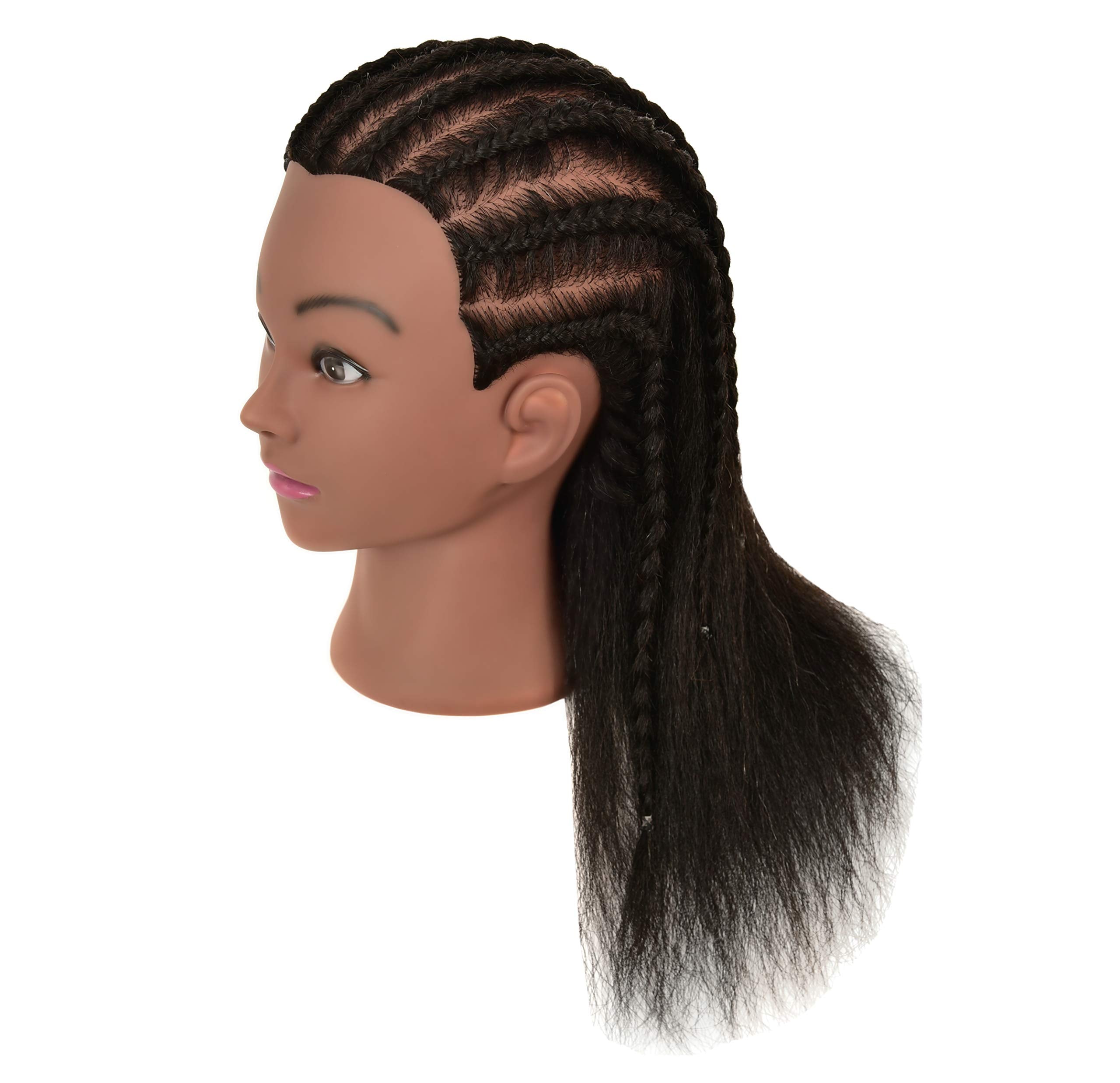 FUTAI 22" Human Hair Mannequin Head - Dark Black for Hairdresser Practice, Braiding, Styling, Coloring, and Cutting with Table Clamp Stand