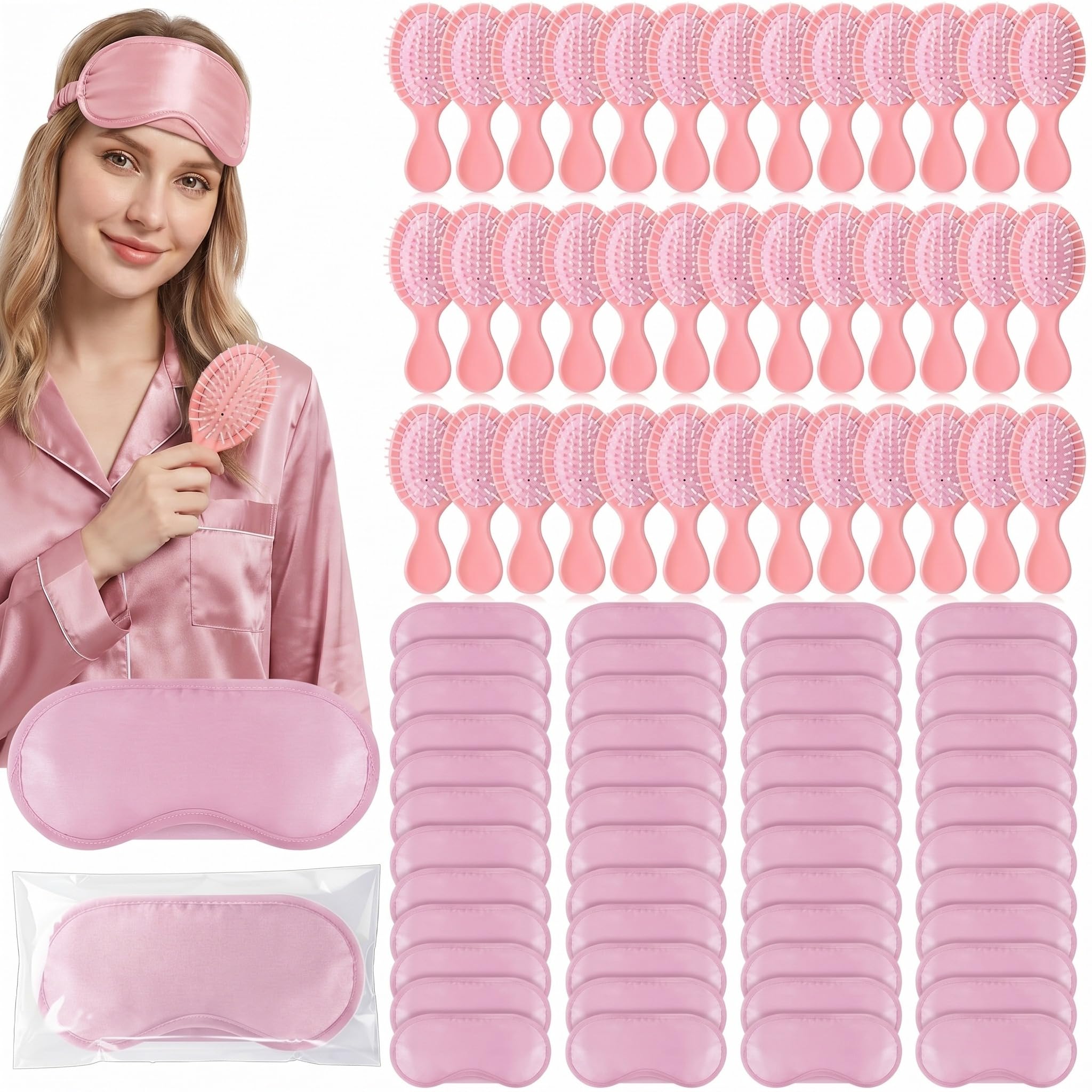 Meanplan 100 Pcs Bulk Mini Hair Brushes Set for Homeless 50 Pink Soft Bristles Wet Dry Hair Combs Detangling & 50 Pink Sleep Mas