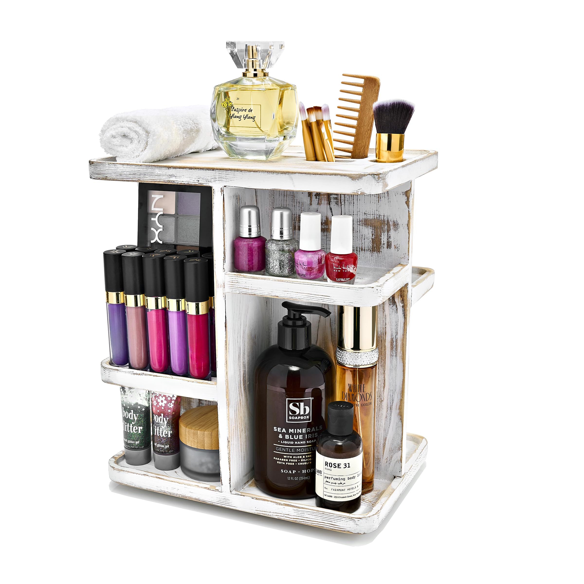 Sorbus 360 Makeup Organizer - Grey Rustic Wood Storage Carousel For Cosmetics, Make Up, Skin Care Organizer - Rotating Makeup Or
