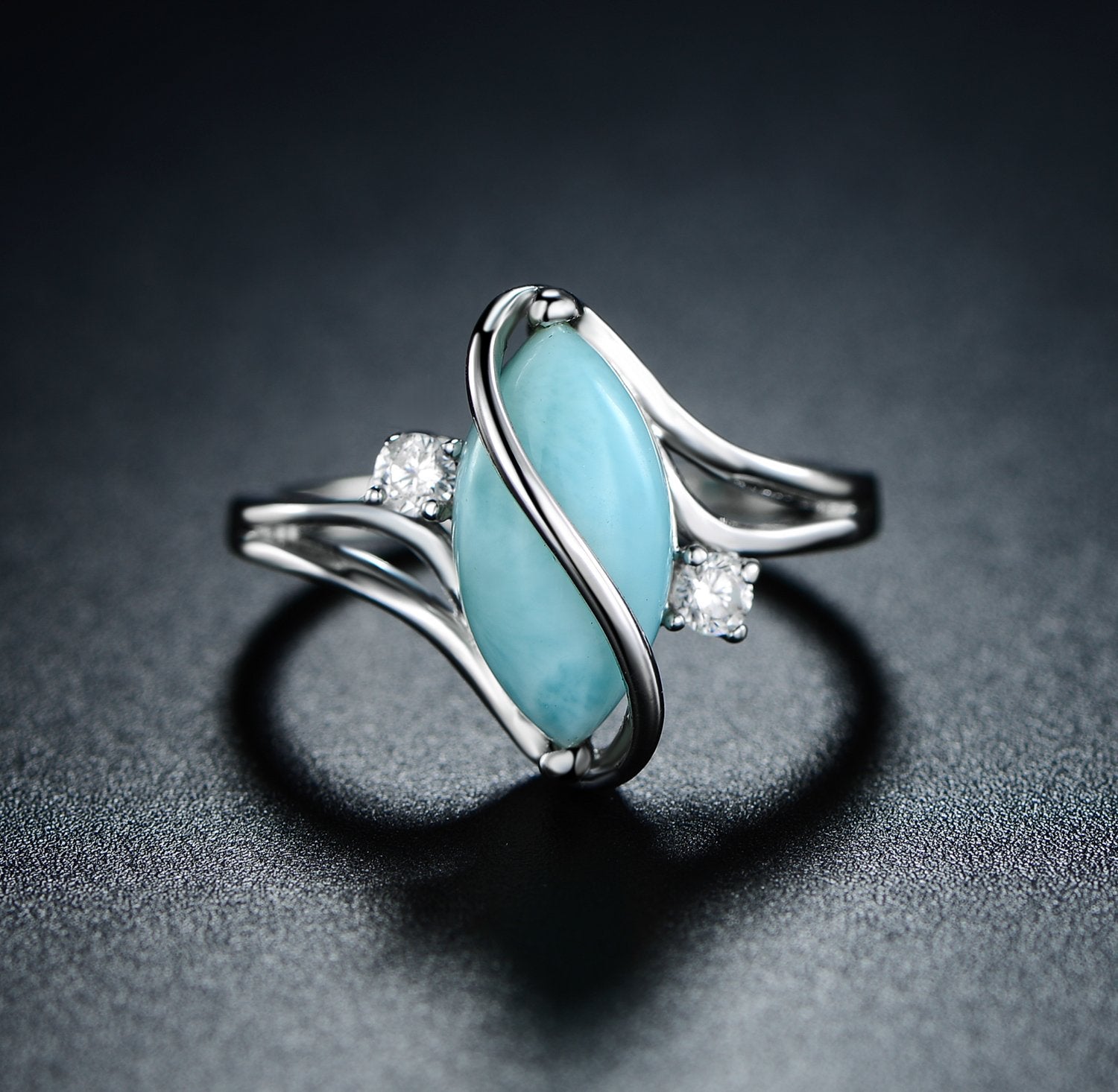 Barzel 18K White Gold Plated Oval Created Larimar Ring With Cubic Zirconia Accents (White Gold Larimar, 8)