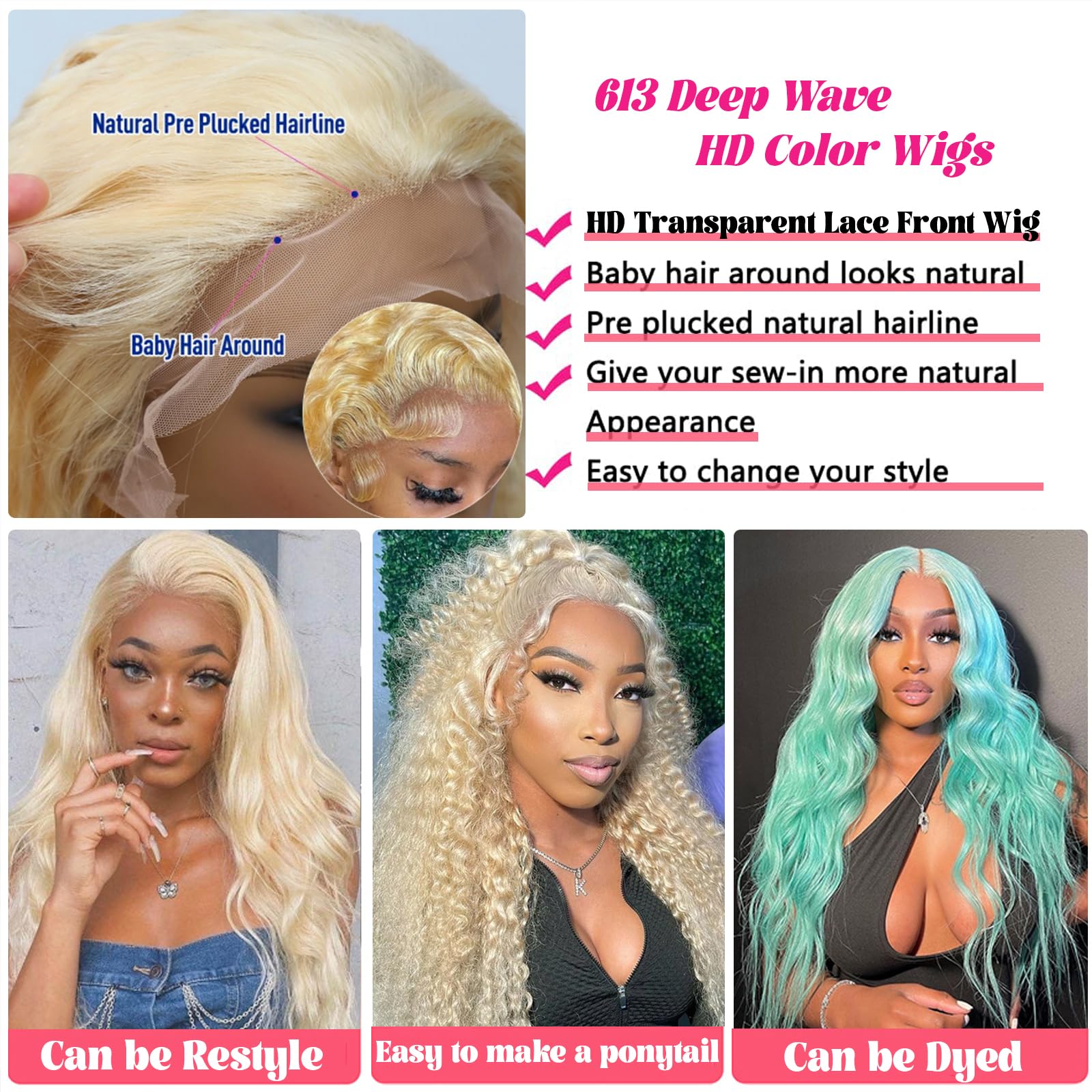 13X4 Hd Blonde Lace Front Wigs Human Hair, Pre Plucked 150 Density 613 Deep Wave Lace Front Wigs Hd Transparent Undetectable Mel
