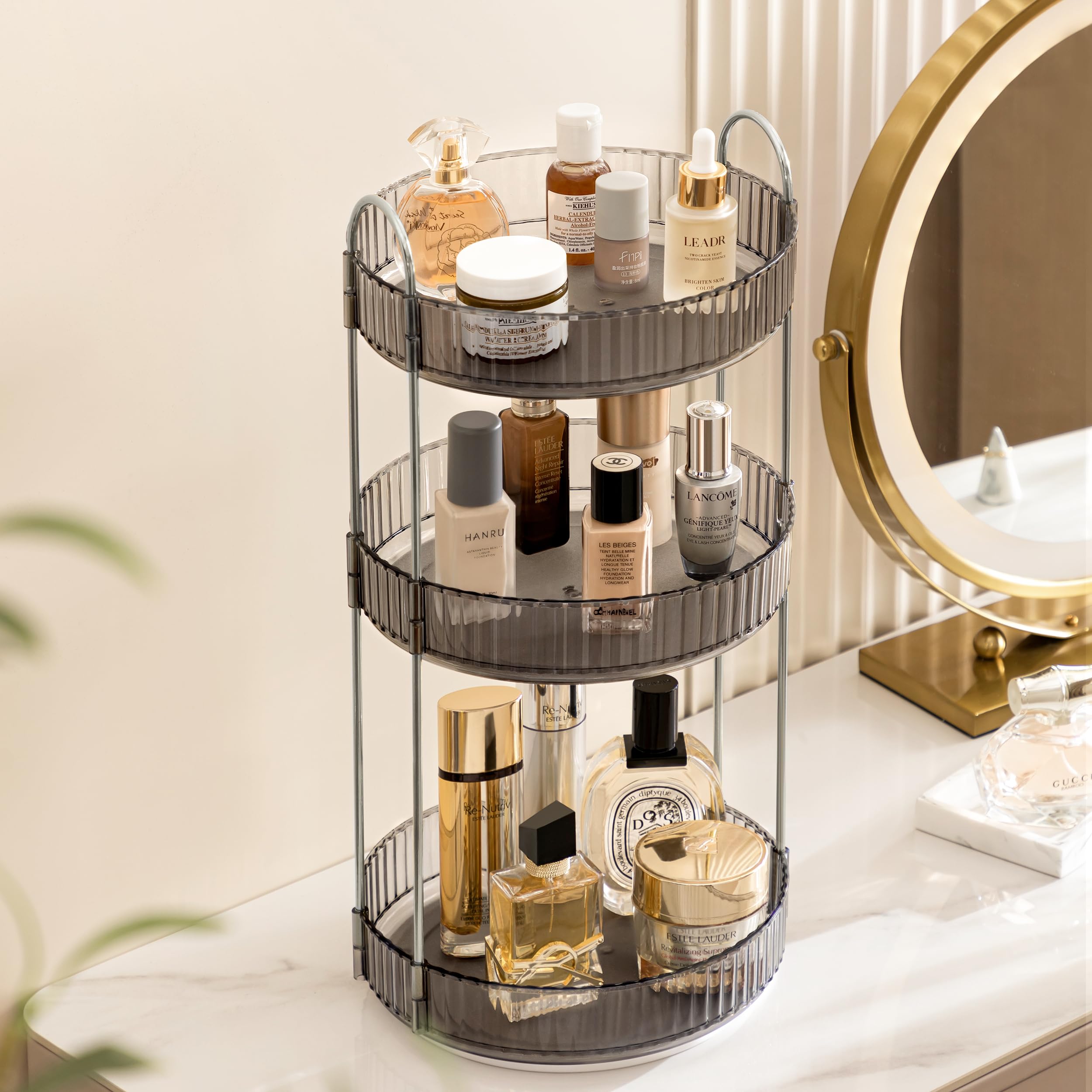 Vorey 360 Rotating Makeup Organizer Clear Gray 3 Tier Bathroom Organizer Spinning Perfume Organizers, Skincare Organizers Dresse