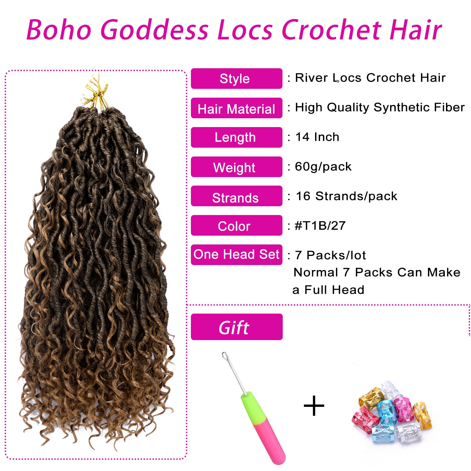 Goddess Locs Crochet Hair 14 Inch 7 Packs Ombre Boho Faux Locs Crochet Hair for Black Women Pre Looped Crochet Locs with Curly E