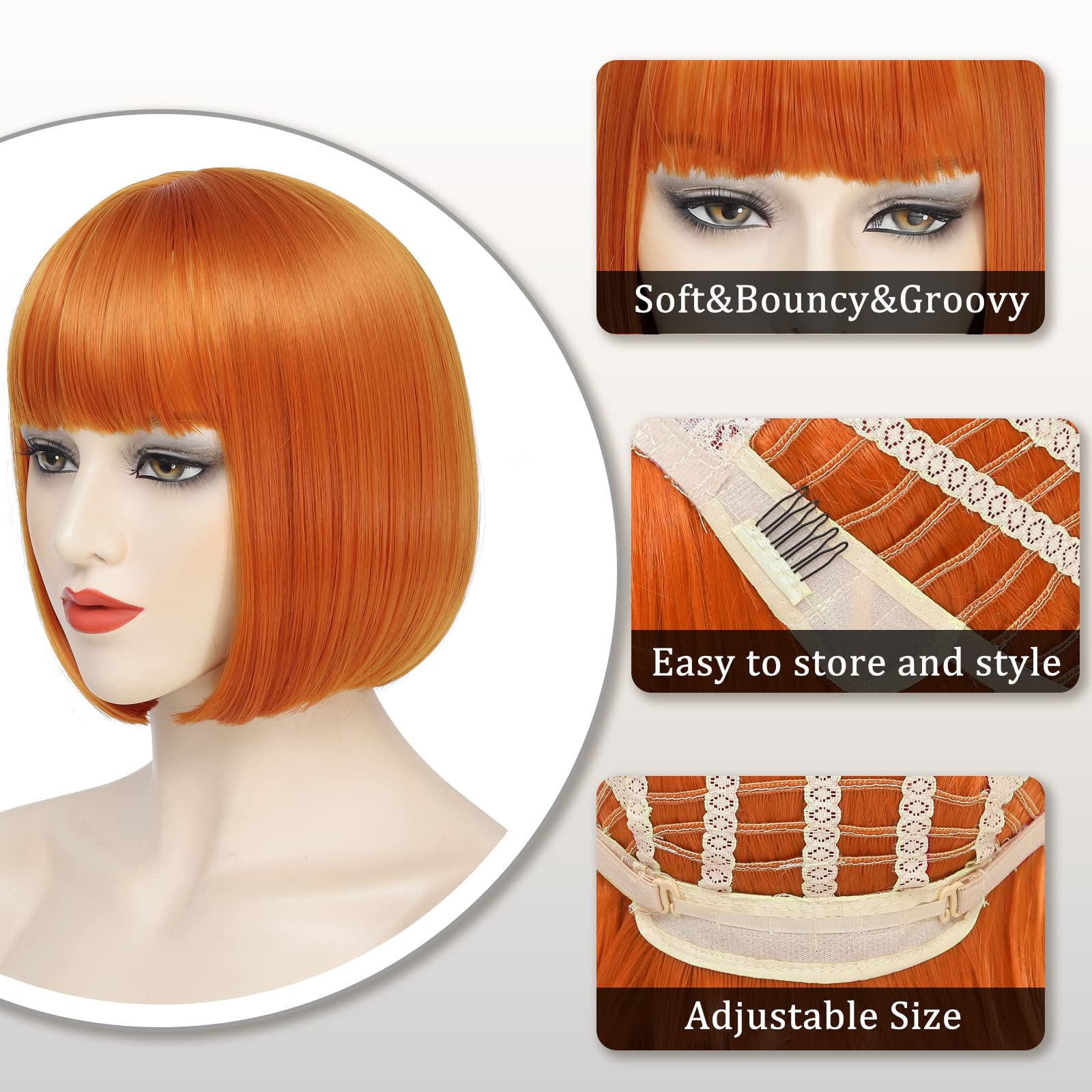 Ybymcai Orange Bob Wig For Women Short Ginger Bob Wig With Bangs Straight Bob Bangs Wig 10 Inch Heat Resistant Synthetic Hair Na