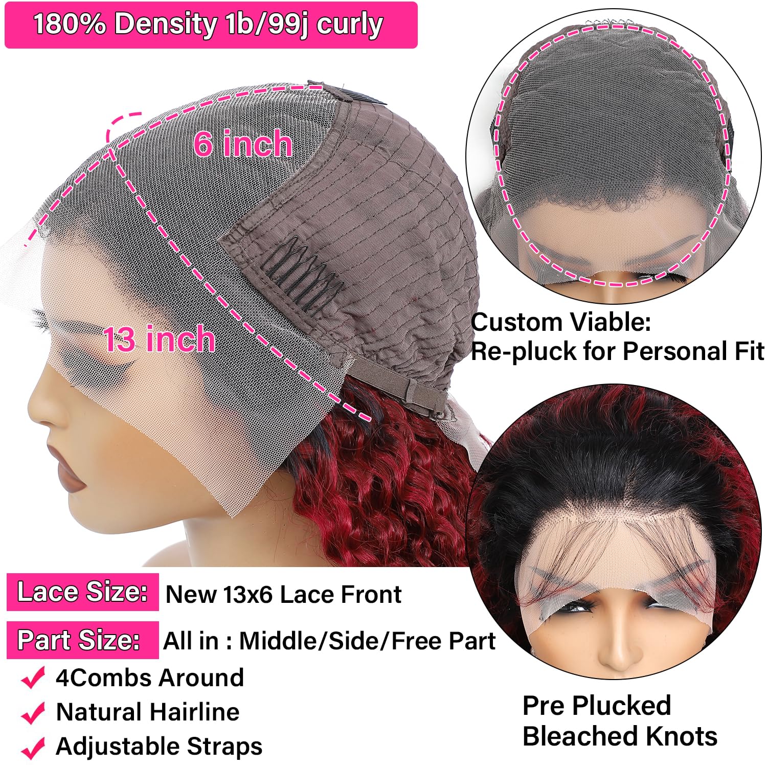 Juvid 99J Burgundy Curly Lace Front Wig Human Hair 13X6 Hd Lace Frontal Wigs Pre Plucked With Baby Hair Glueless 180% Density Da