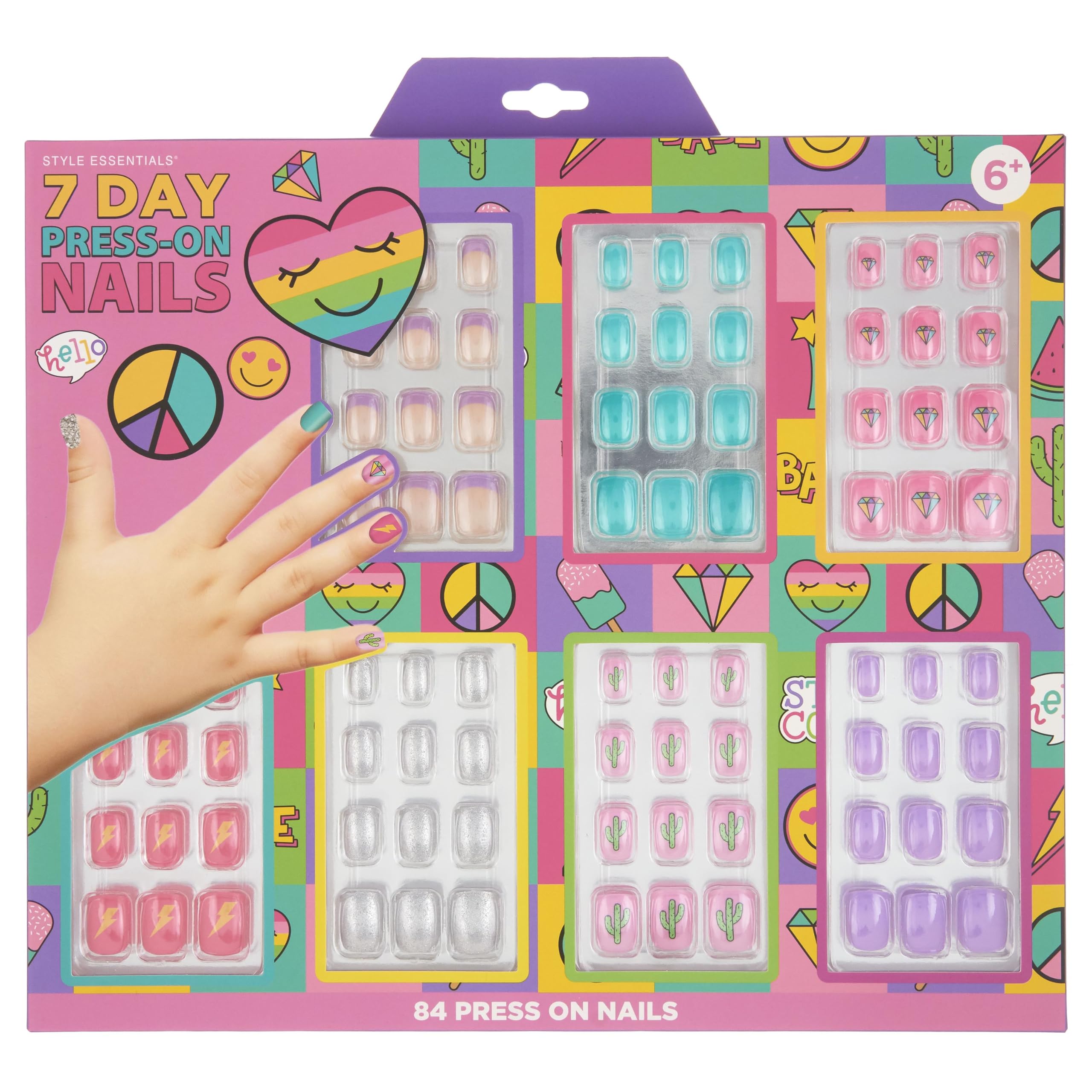 Expressions 7 Day Manicure Collection - 84Pc Press On Nail Set, Day-Of-The-Week Adhesive False Nails For Girls (Peace & Love Col