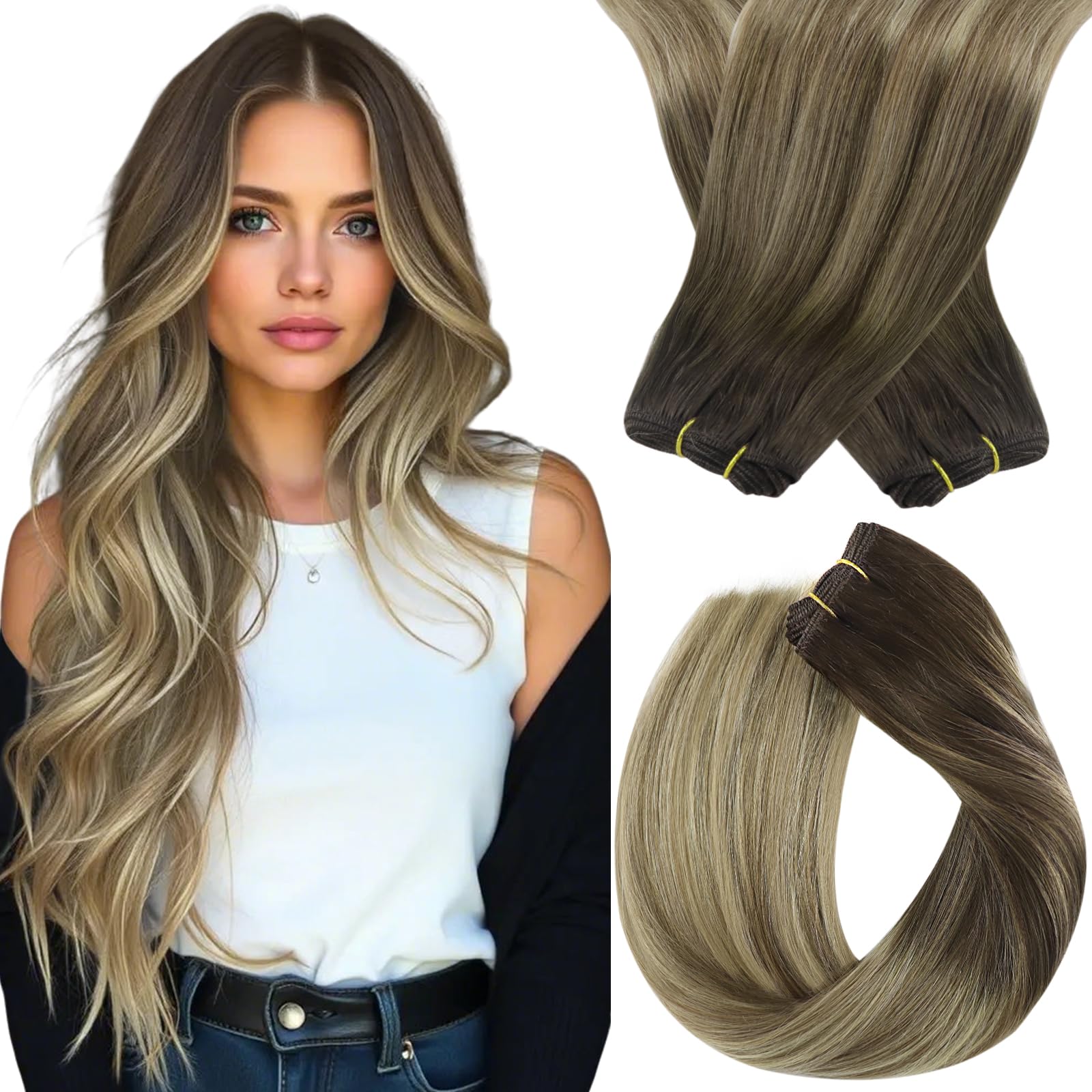 Sunny Hair Weft Hair Extensions Ombre Human Hair Extensions Sew in Balayage Dark Brown Roots to Golden Brown Mix Blonde Sew in W