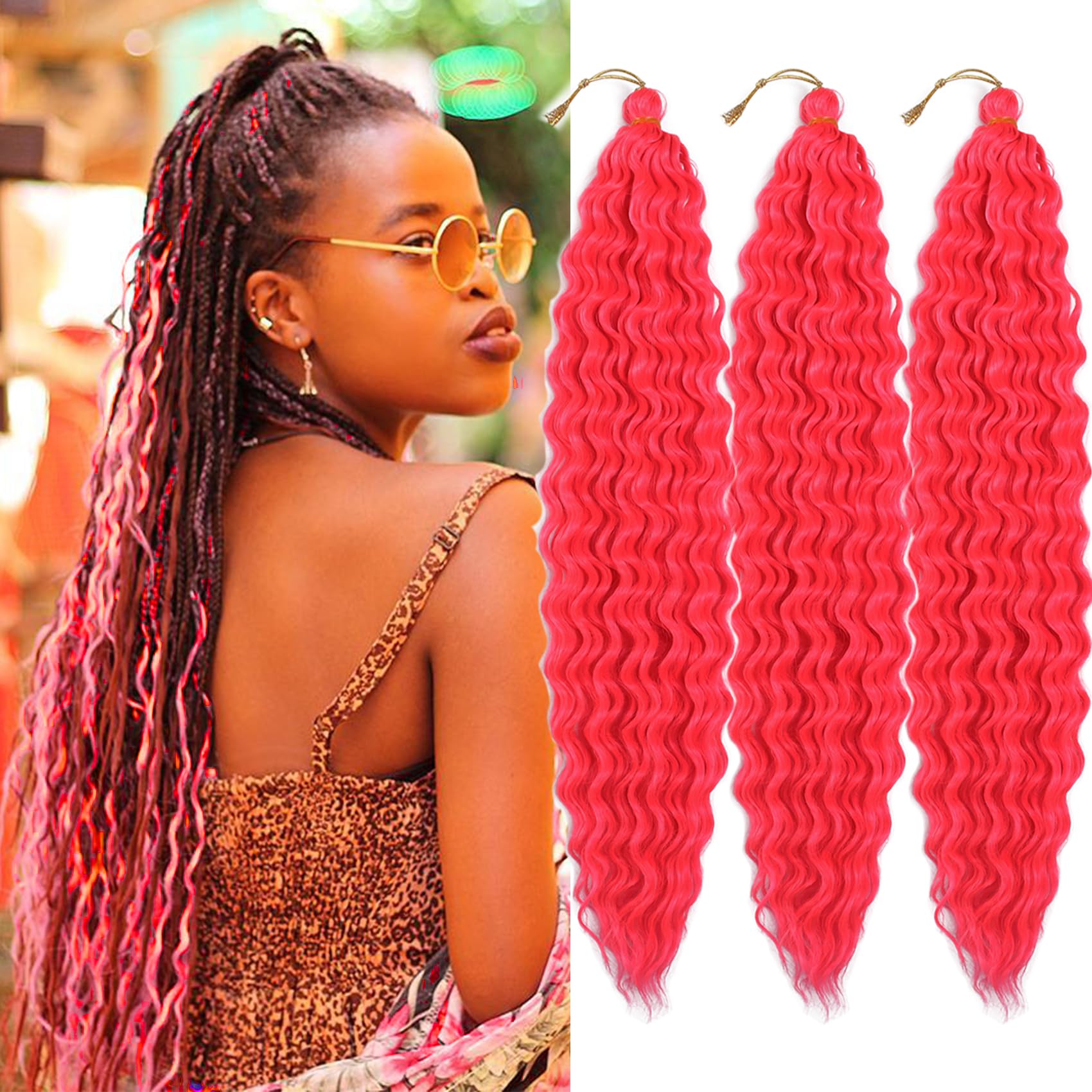 Hot Pink Curly Crochet Hair 18 Inch Deep Wave Braiding Hair for Women 3 Packs Ocean Wave Crochet Hair Pink Color Wet and Wavy Cr