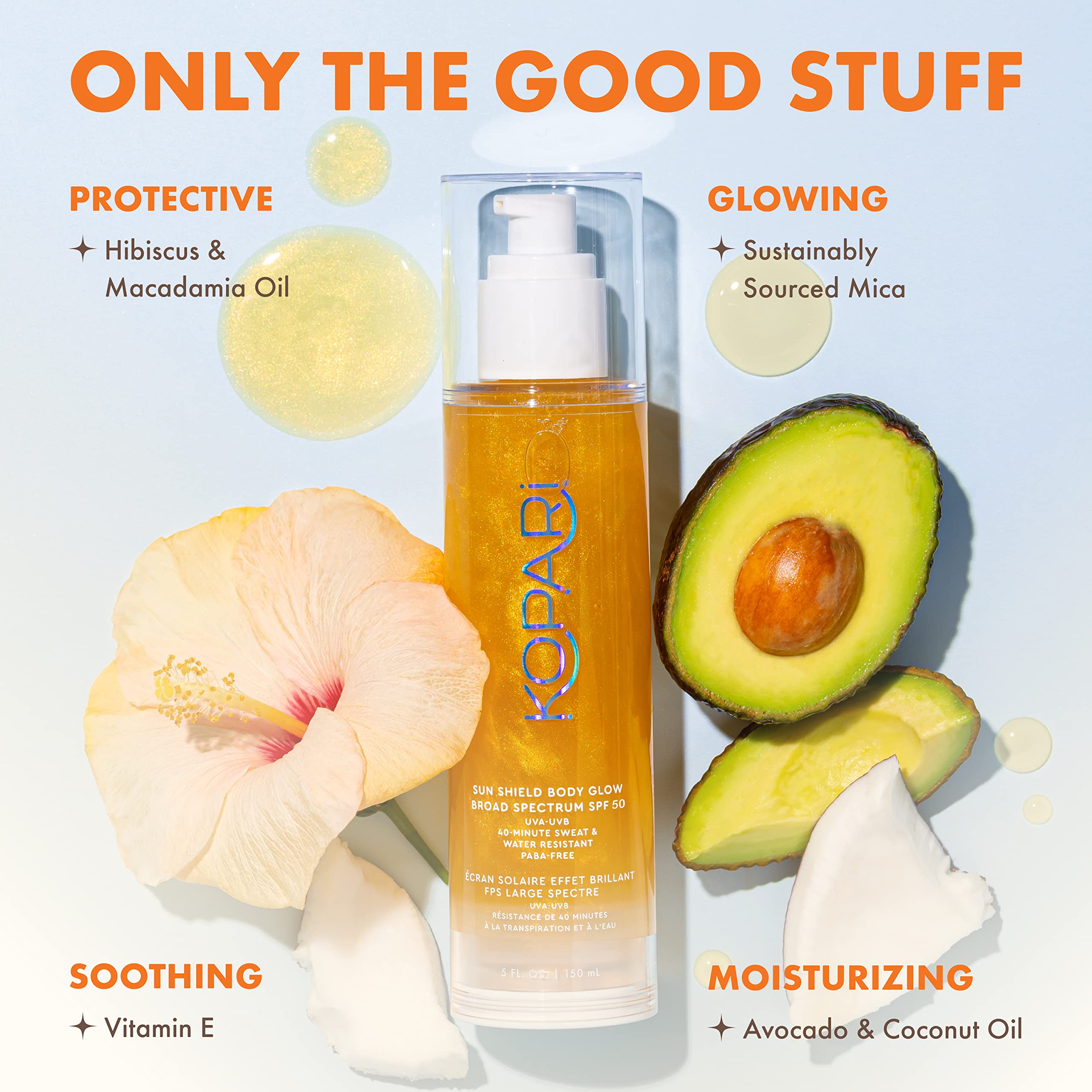 Kopari Sun Shield Body Glow | Spf 50 Uv Protection Sheer Sunscreen Gold Shimmer Mica | Sweat And Water Resistant | Antioxidant V