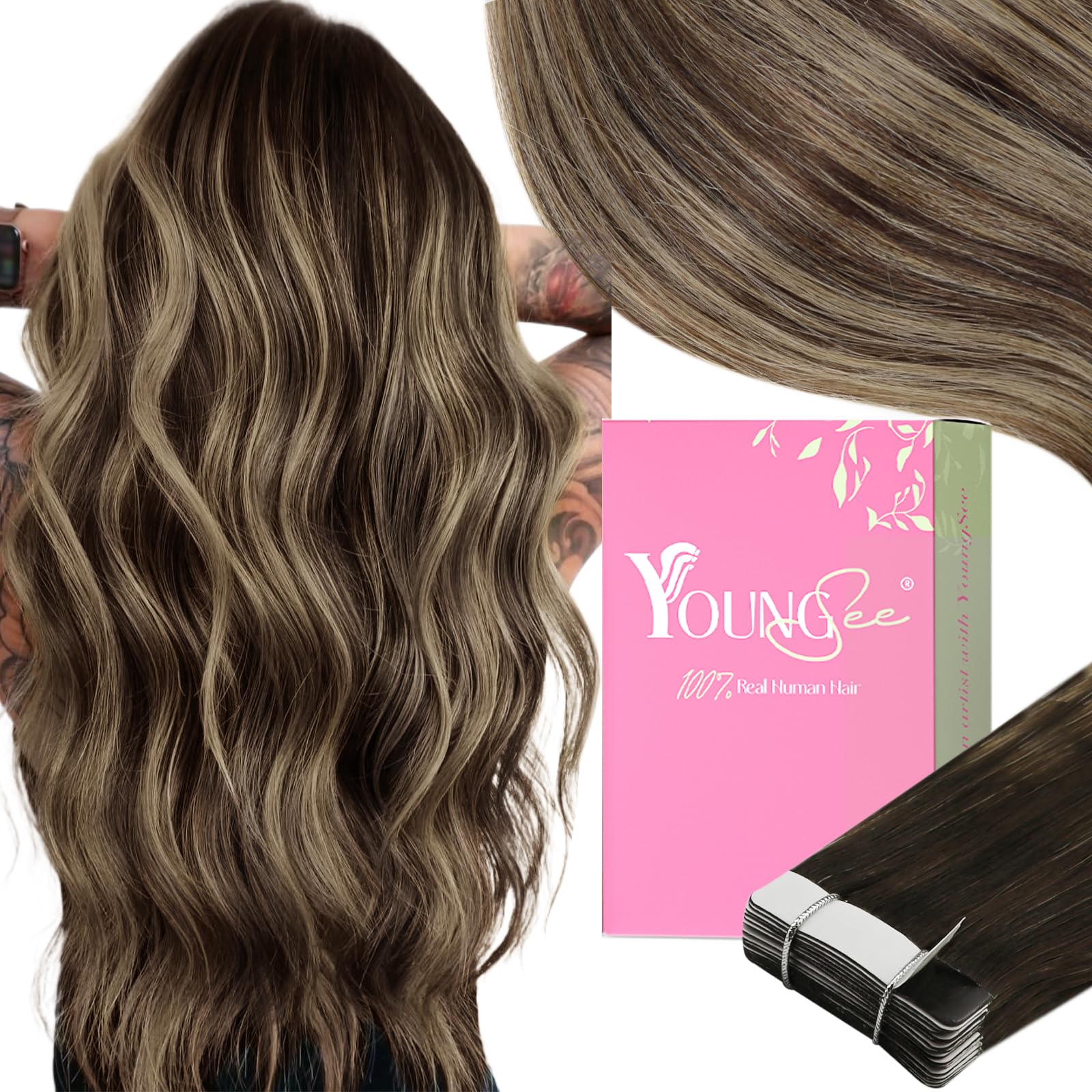 YoungSee Tape in Human Hair Extensions Brown Balayage Human Hair Extensions Tape in Dark Brown Ombre Blonde Seamless Tape in Hai