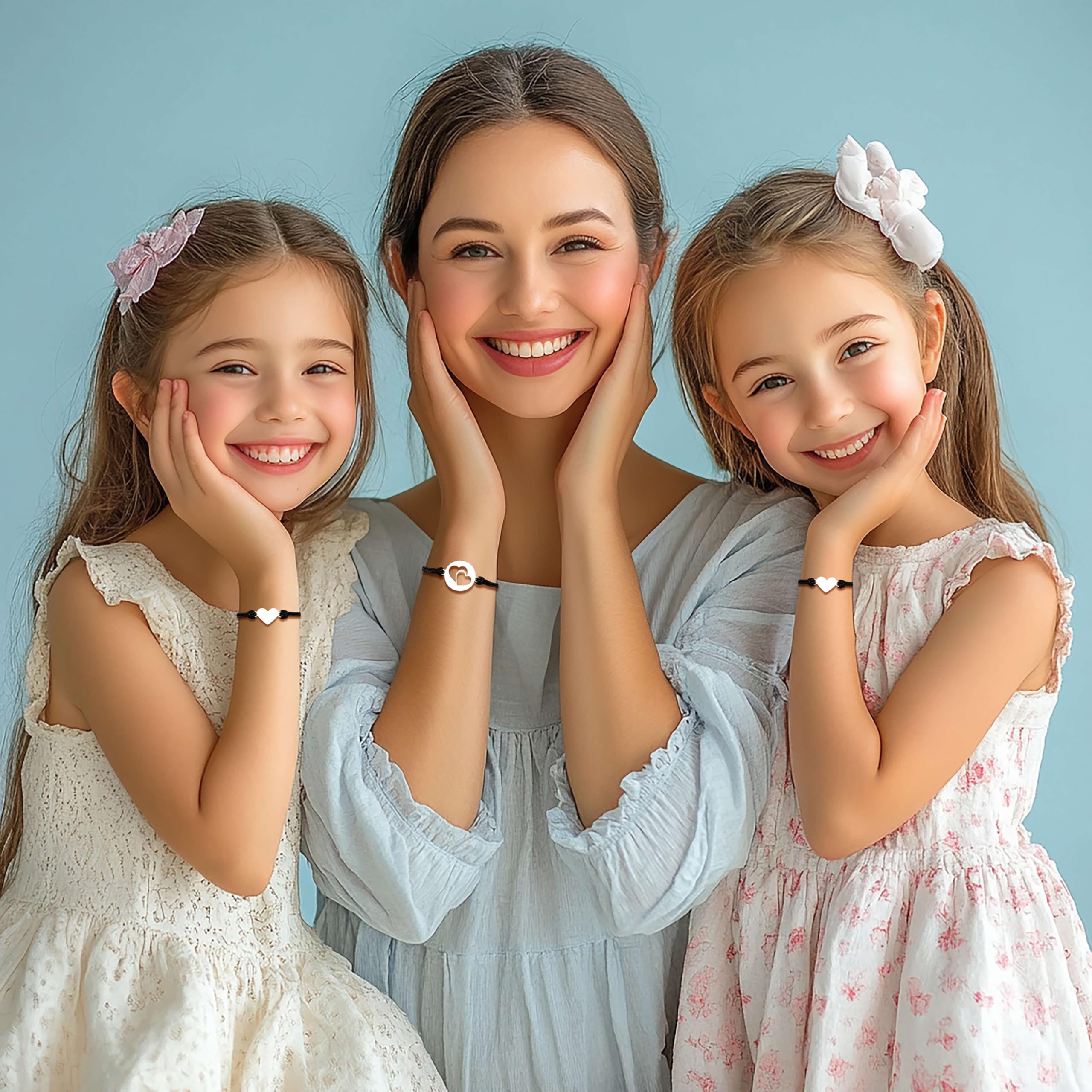 Cueemoff Mom and 2 Daughter Bracelets Gifts for 3 Pcs, Mother Two Daughters Mommy and Me Heart Matching Bracelet Jewelry,Valenti