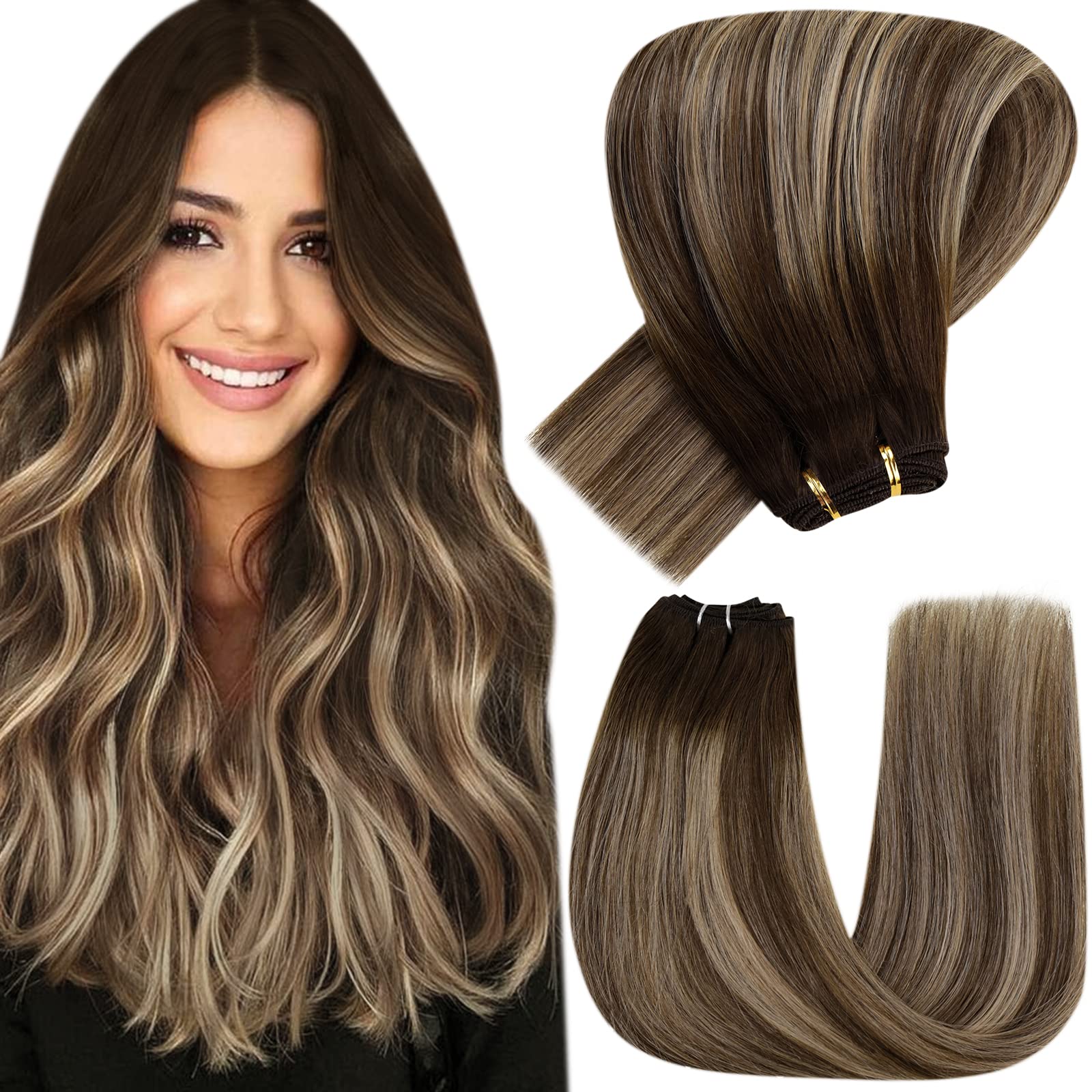 Hetto Balayage Sew in Weft Hair Extensions Human Hair #4 Chocolate Brown to Caramel Blonde Weft Human Hair Remy Extensions Human