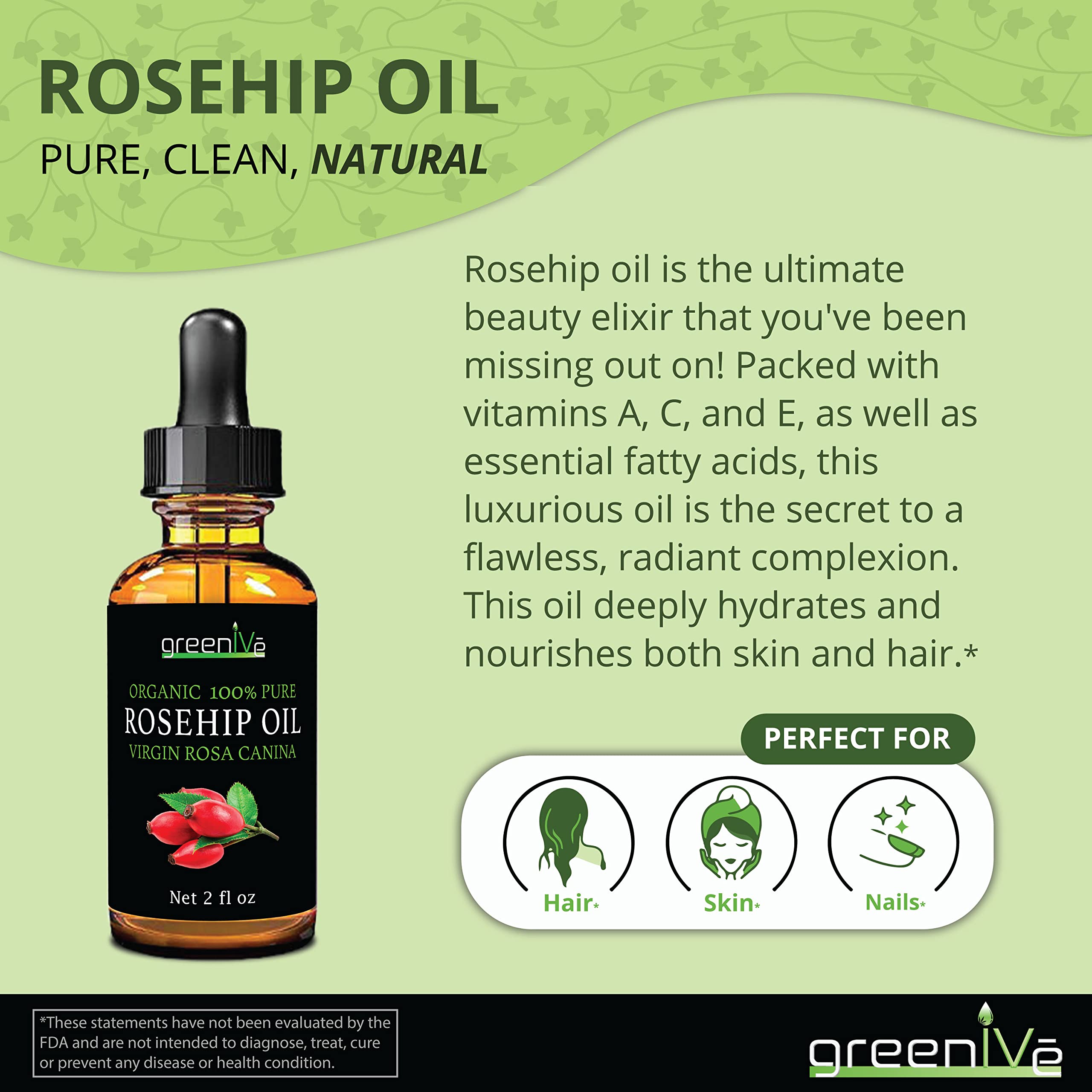 GreenIVe Organically Grown Rosehip Oil Rosa Canina 100% Pure Cold Pressed Virgin Oil Exclusively on Amazon (8 Fl Oz)
