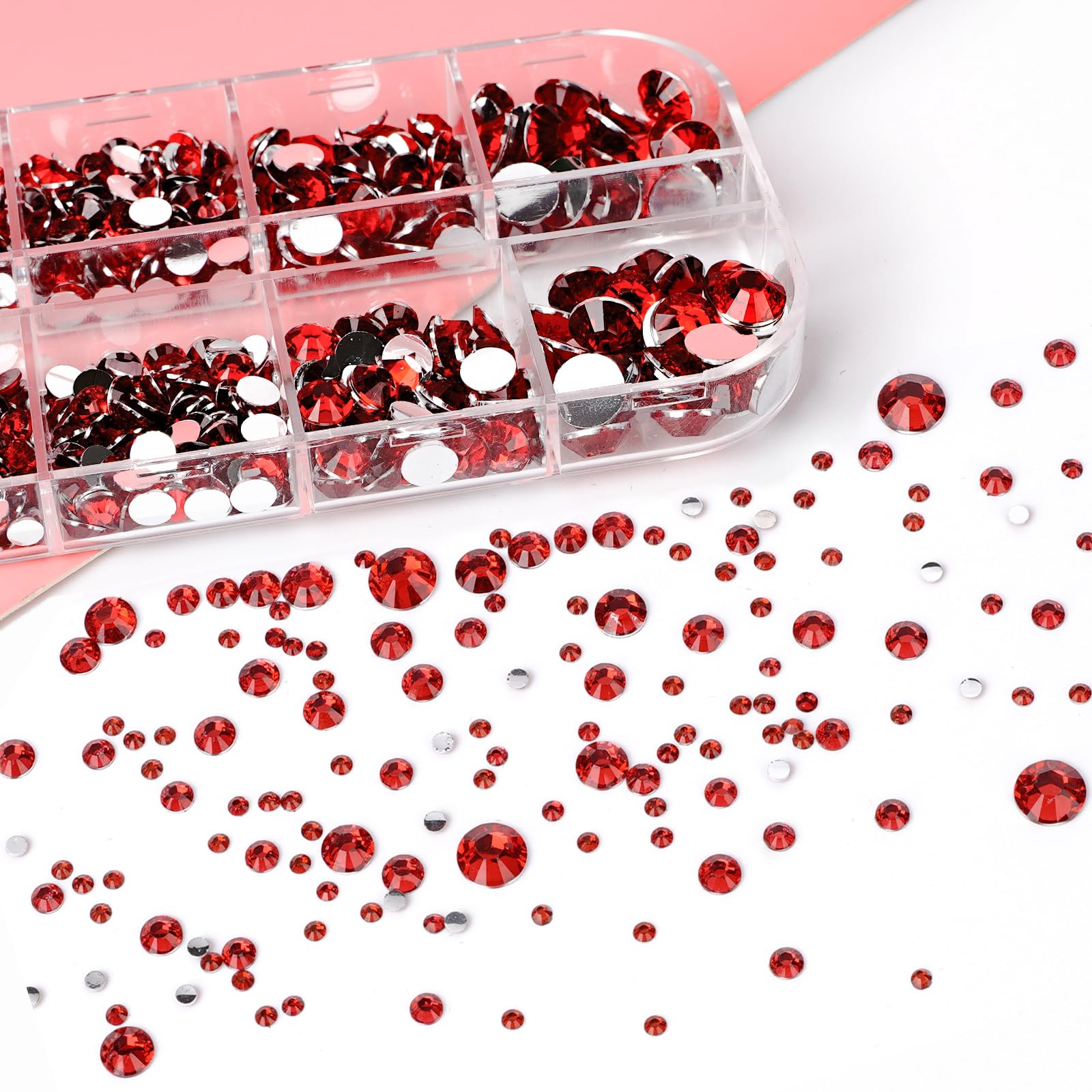 Canvalite 1500Pcs Red Rhinestones Flat Back Gems, Nail Rhinestones Nail Art Gems With Pick Up Tweezers And Rhinestone Picker Dot