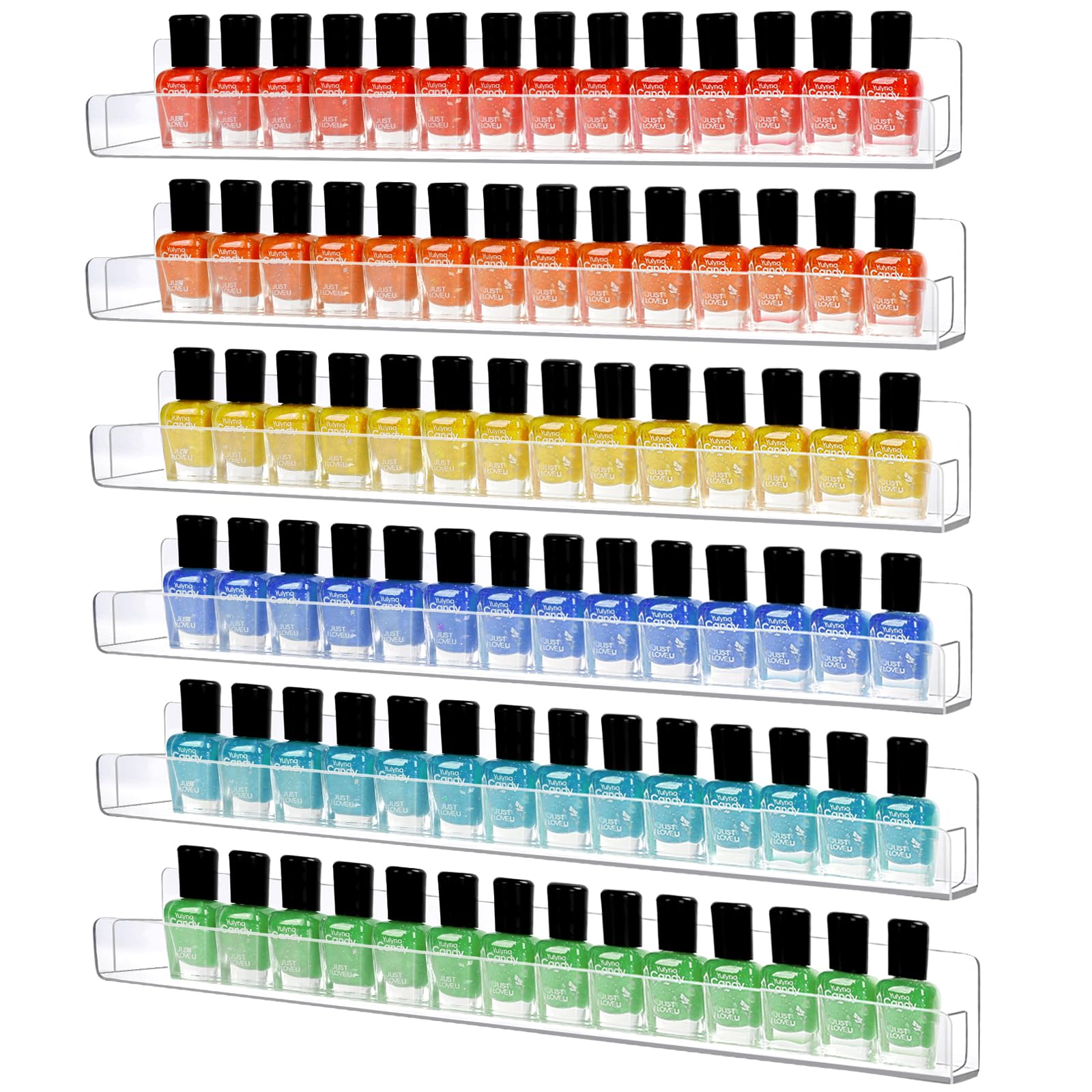 AumVum 6 Pack Nail Polish Organizer Wall Mounted Shelf with Removable Anti-Slip End Inserts, Paint Rack Acrylic Organizers Displ