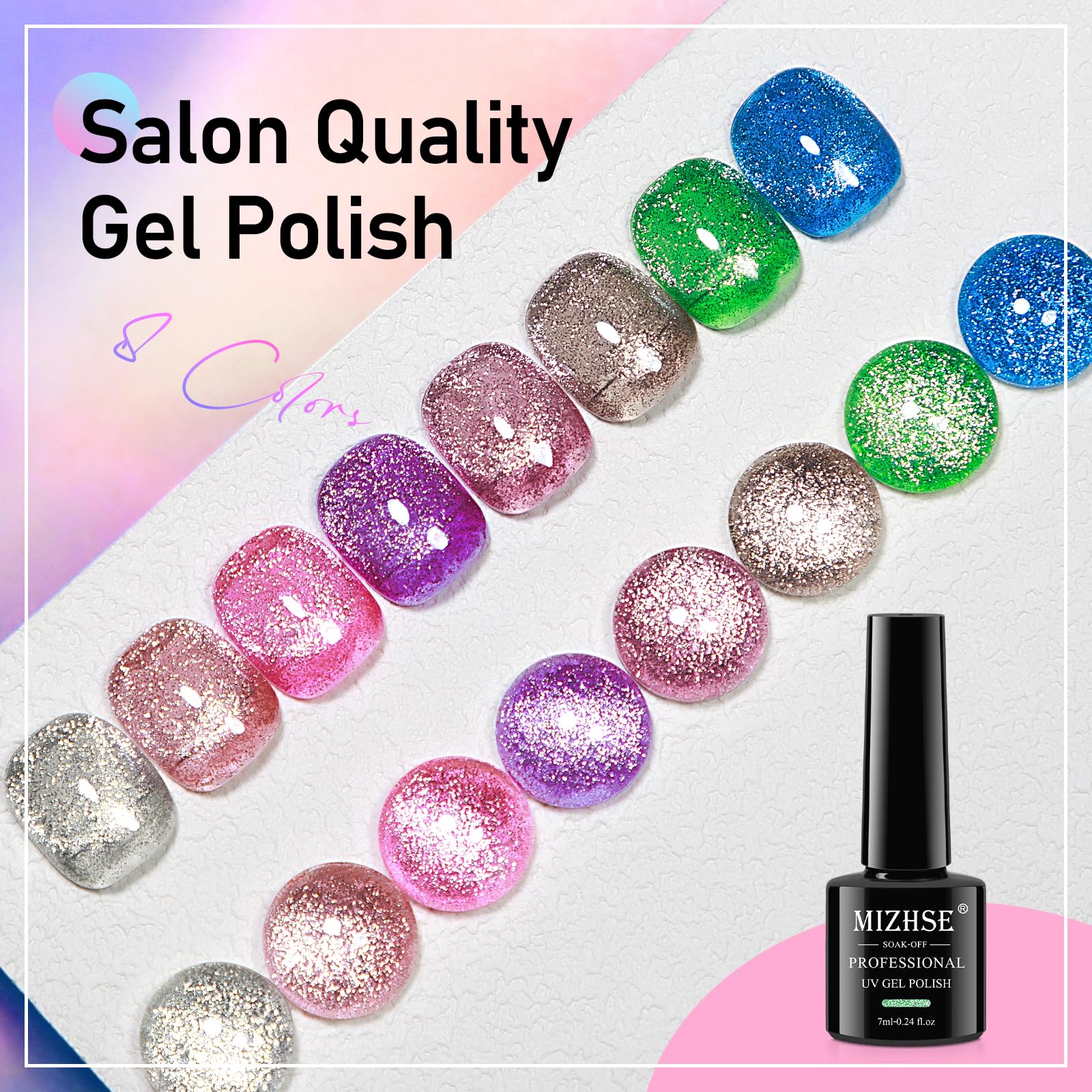 Mizhse Magnetic Gel Nail Polish, Platinum Glitter Cat Eye Gel Nail Polish Set 8 Colors With Magnet Stick, Sparkle Cateye Nail Ge