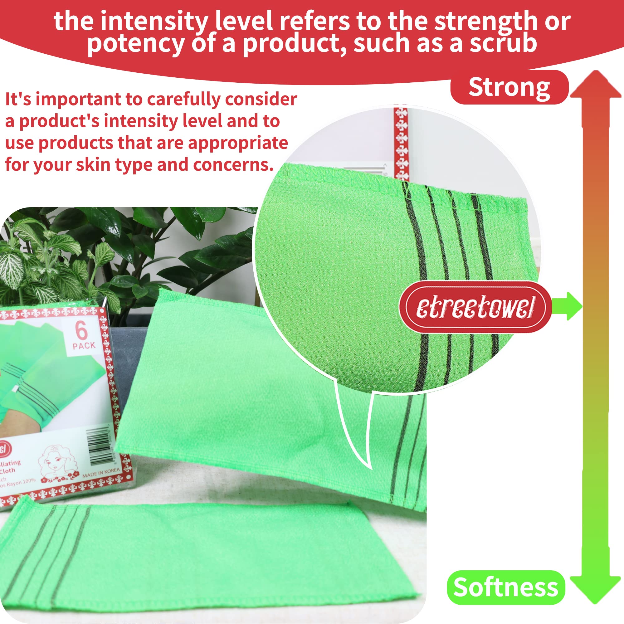 Etreetowel Extra Large Size 9.9'' X 5.5'' (6 Pcs) Korean Asian Exfoliating Bath Washcloths Mitt Scrub For Body Washcloth Glove V