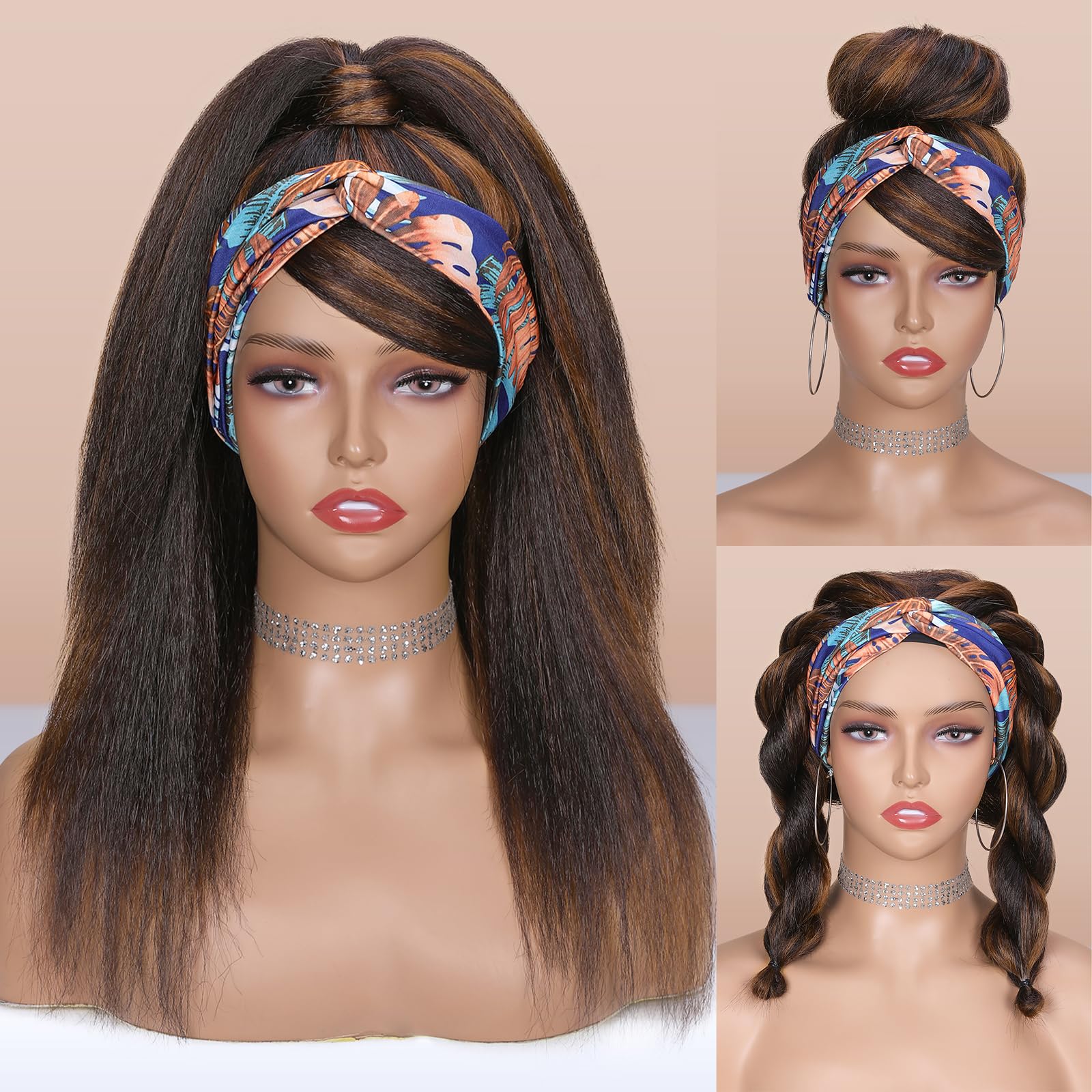 WIGNEE Kinky Curly Headband Wigs for Women Yaki Straight Wigs with Black Headband for Black Women (2A/30# Highlights, 18 Inch)