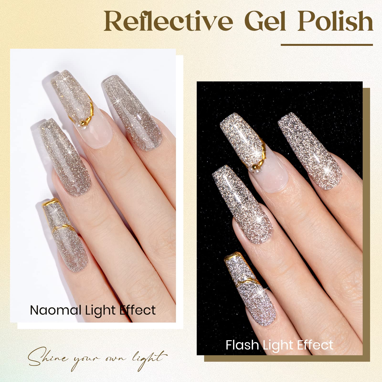 Mizhse Reflective Glitter Gel Nail Polish, Light Gold Sparkly Shiny Gel Polish, Shimmer Nail Gel Soak Off Nail Art Manicure Diy