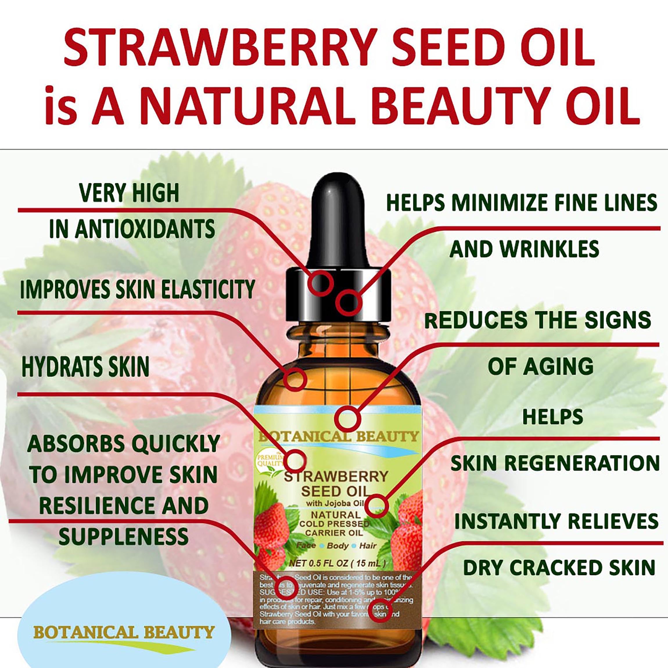 Strawberry Seed Oil 100% Pure Natural Moisturizer. Cold Pressed Carrier Oil. 0.5 Fl.Oz.- 15 Ml. For Face, Skin, Hair, Lip, Nails