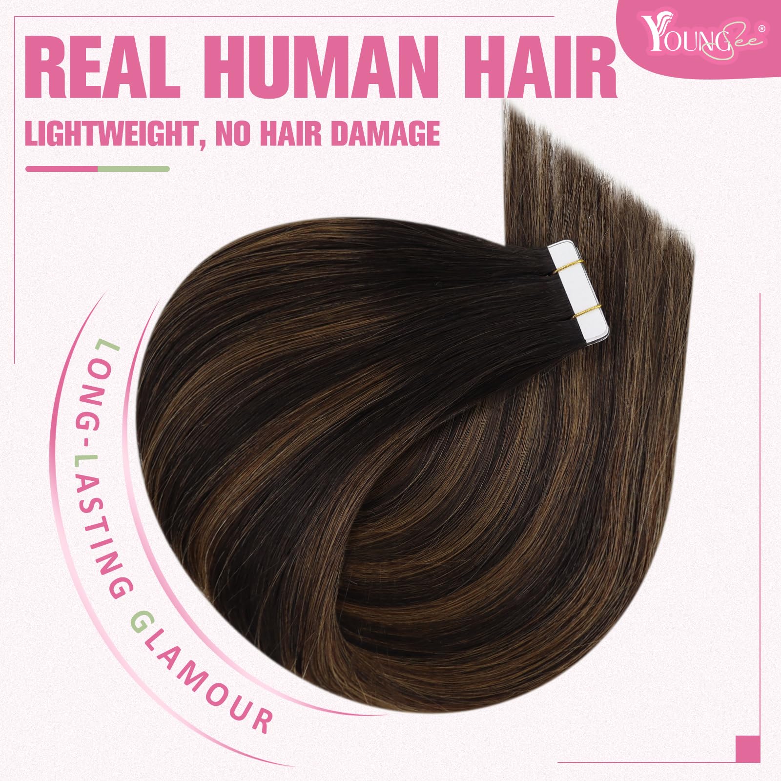YoungSee Tape in Hair Extensions Real Human Hair Brown Tape Hair Extensions Balayage Dark Brown with Medium Brown Tapein Hair Ex