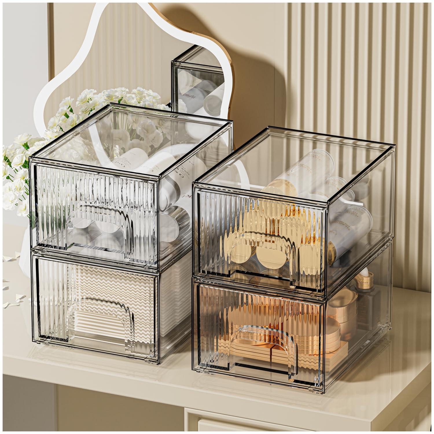 Zhiai Makeup Organizer Drawers, Stackable Stripes Bathroom Organizers And Storage For Bathroom, Vanity, And Kitchen Cabinets 4 P