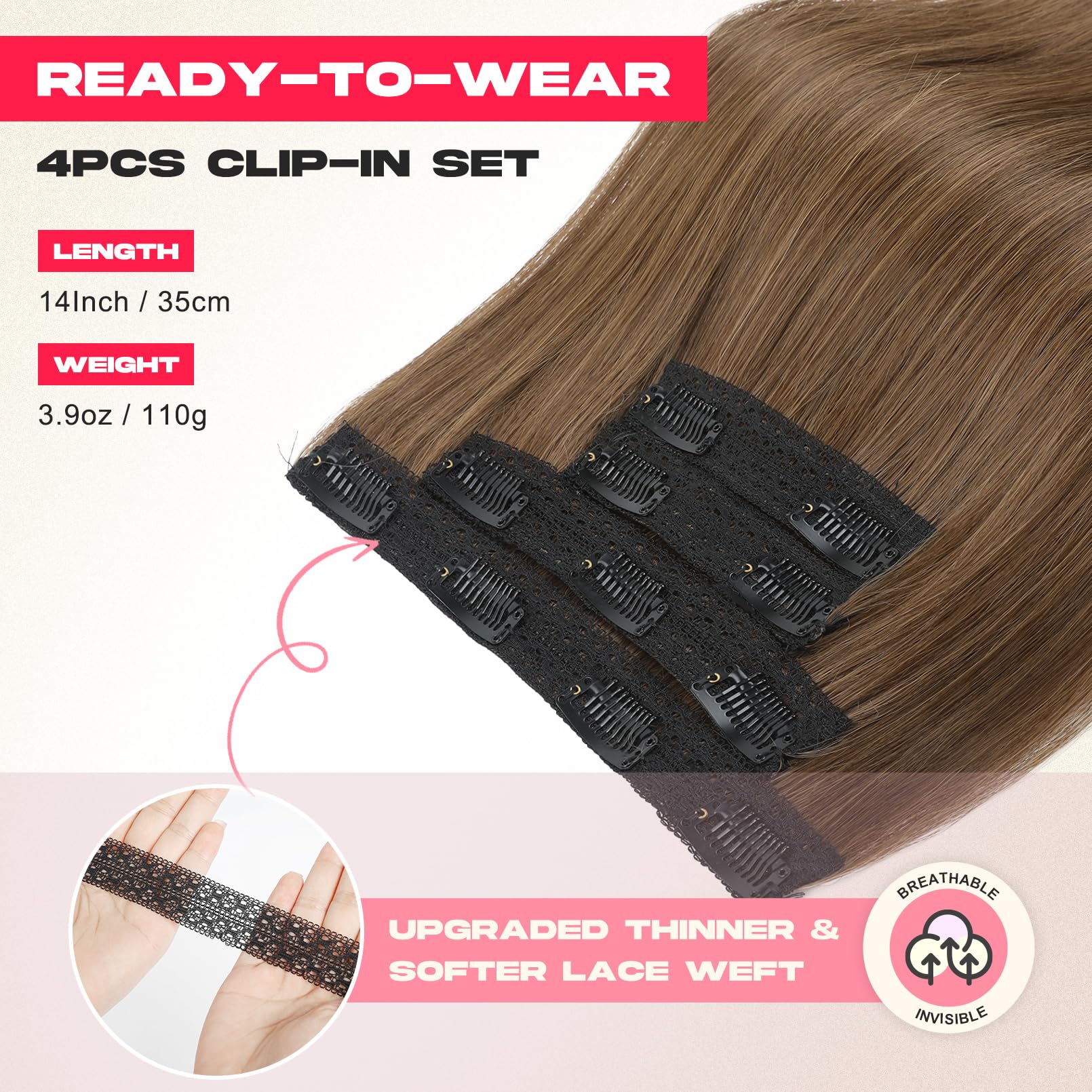 Ntynty Hair Extensions, 14'' Short Clip In Hair Extensions 4Pcs Straight Brown Hair Extensions Natural Soft Synthetic Hairpiece