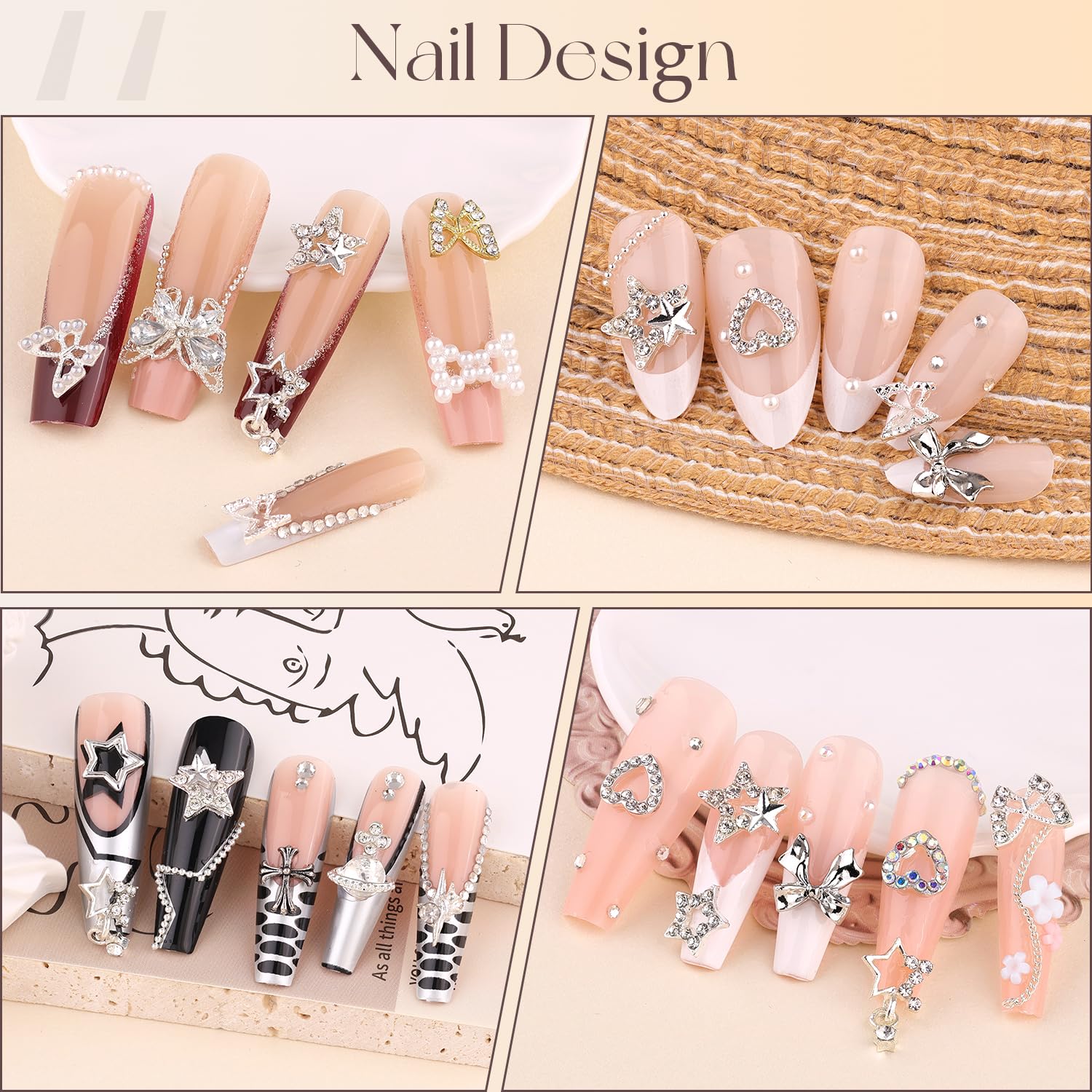70Pcs 12 Styles 3D Nail Charms And Flatback Gems Pearl + Nail Chains, Silver Shiny Luxury Gems, Crystal Diamond Jewels Studs Wit