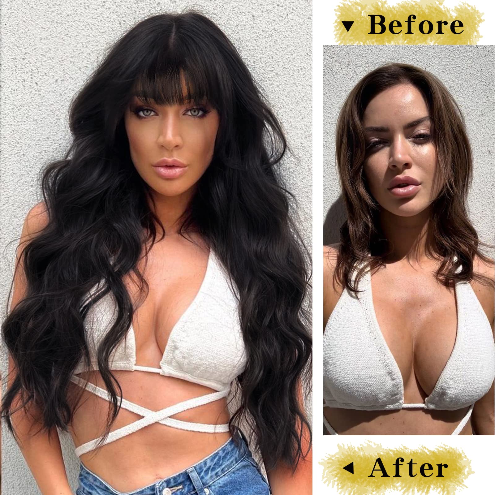 Aisi Queens Black Wig With Bangs, Long Black Wavy Wigs For Women Synthetic Wigs Natural Black Curly Hair Wig For Girls Daily Par