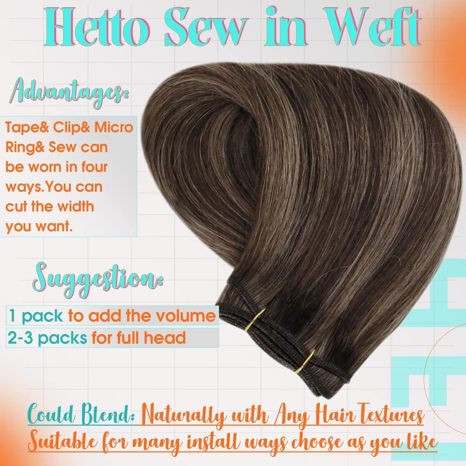 Hetto Ash Brown Sew in Extensions Human Hair Weft #2/8 Brown Highlighted Weft Hair Extensions Human Hair Bundles 100g 20 Inch Fu