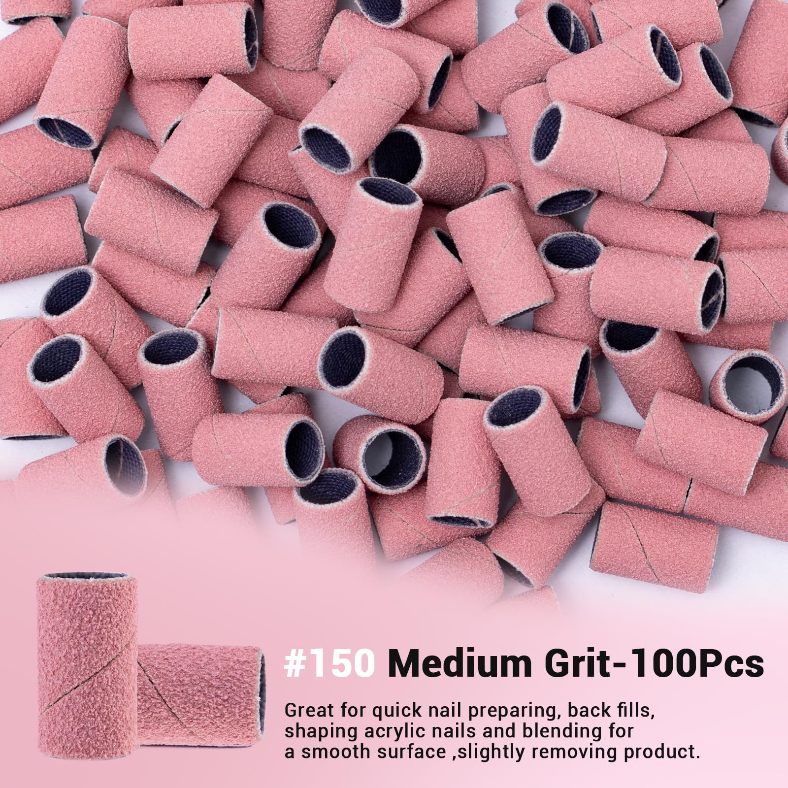 Melodysusie 100 Pcs Nail Drill Bits Sanding Bands For Nail Drill 150 Medium Grit Nail File Sanding Bands For Acrylic Nails Gel M