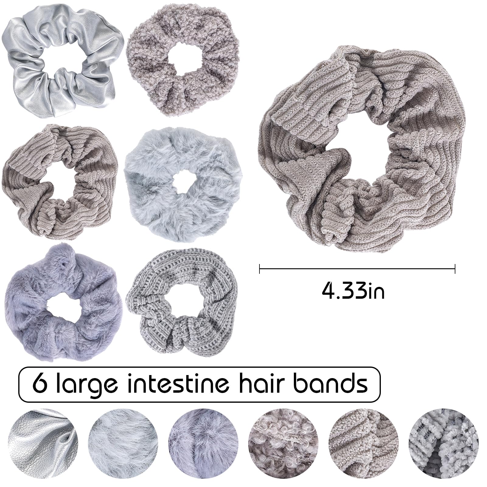 Scrunchies For Women Girls 6Pcs Grey Fuzzy Scrunchies For Thick Hair Ultra Textured Soft Corduroy Scrunchy Hair Ties Neutral Ela