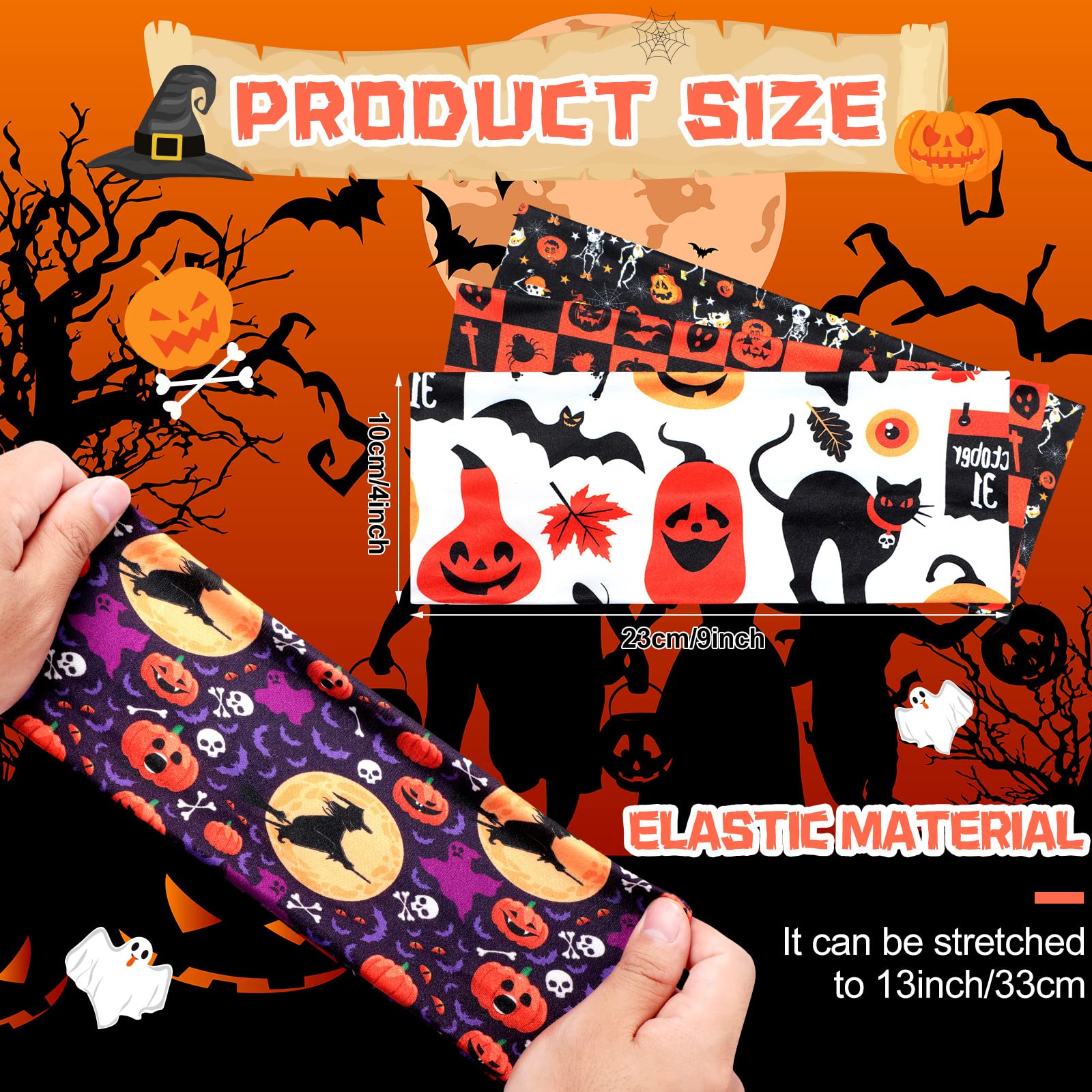 Waydress 12 Pcs Halloween Headbands for Women Halloween Hair Accessories Pumpkin Ghost Skeleton Stretchy Breathable Non Slip Hai