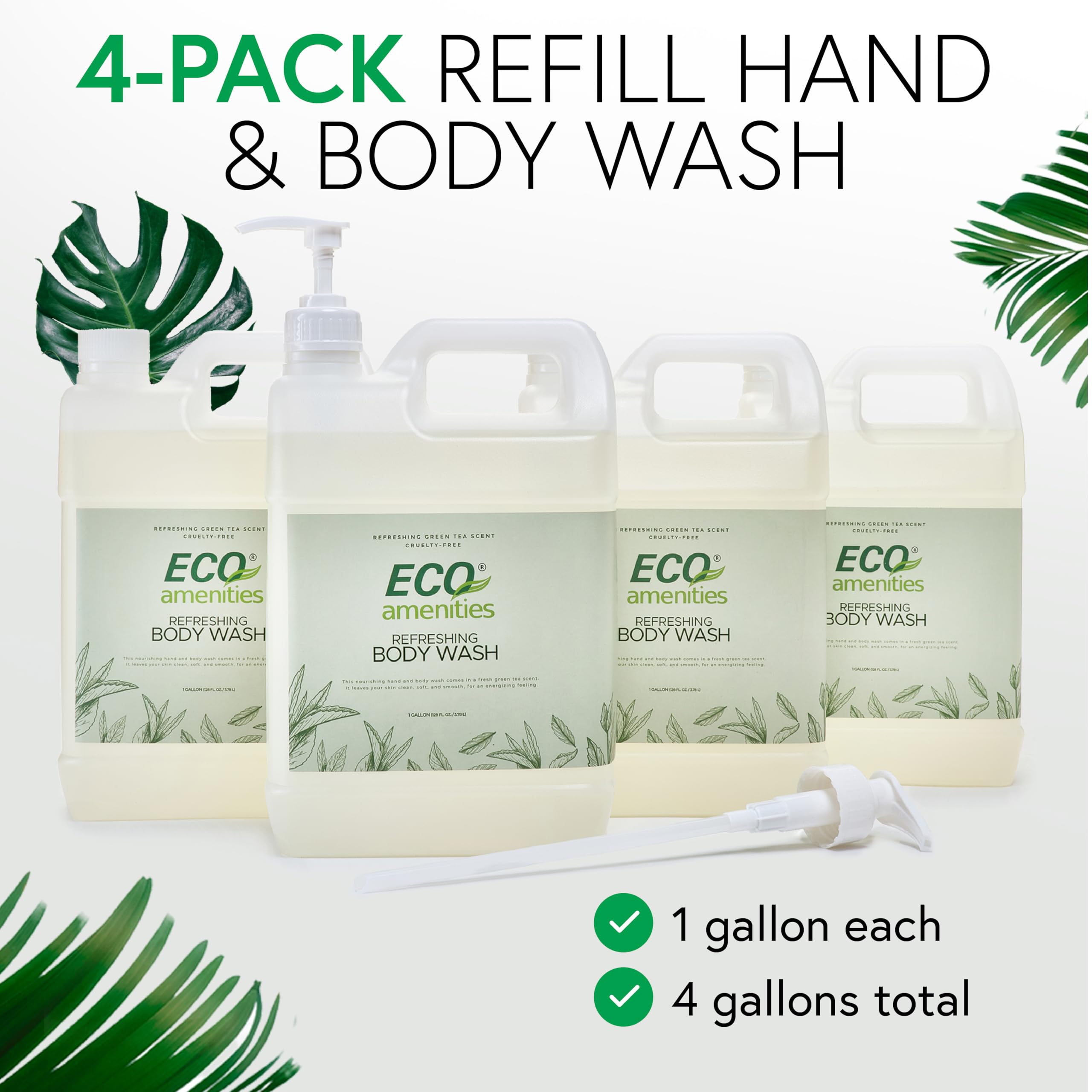 ECO amenities - Pack of 4 Rectangular 1 Gallon Refill - Hand and Body Wash (Green Tea, 4-Pack, 1 Gallon Each)