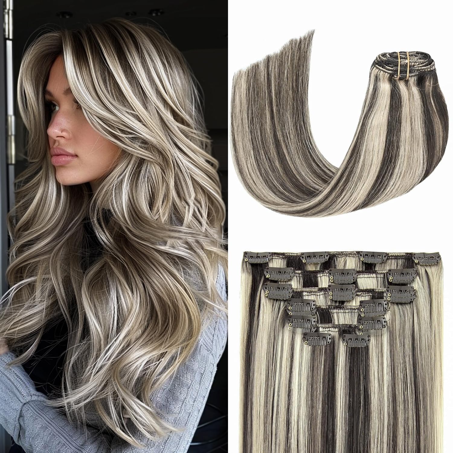 Aison Clip in Hair Extensions Dark Brown Mixed Bleach Blonde Highlight Hair Extensions 100% Remy Human Hair Soft Silky Straight