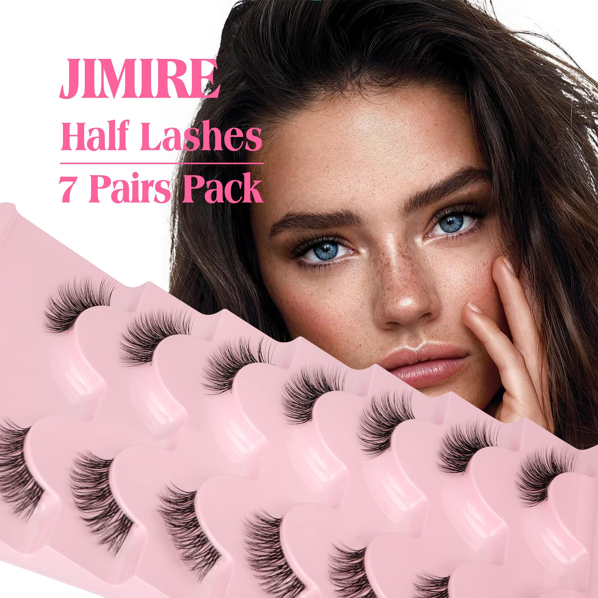 JIMIRE Half Lashes with Clear Band Cat-Eye Lashes Fluffy Wispy Accent False Eyelashes Natural Look Handmade Soft DIY Cluster Las