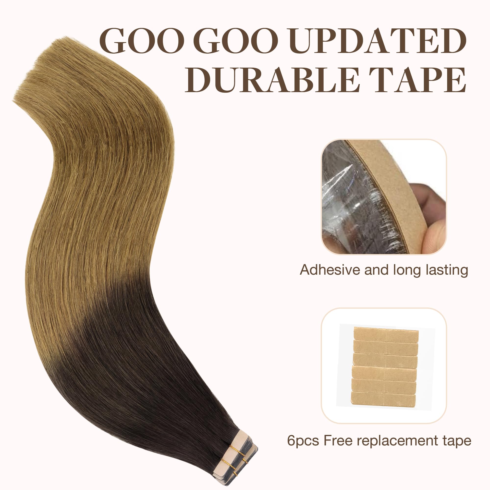 Goo Goo Tape In Hair Extensions Human Hair, 1D/2C/4E Chocolate Dip Color Melt, 20Inch 100G 40Pcs, Thick Ends Straight Seamless T