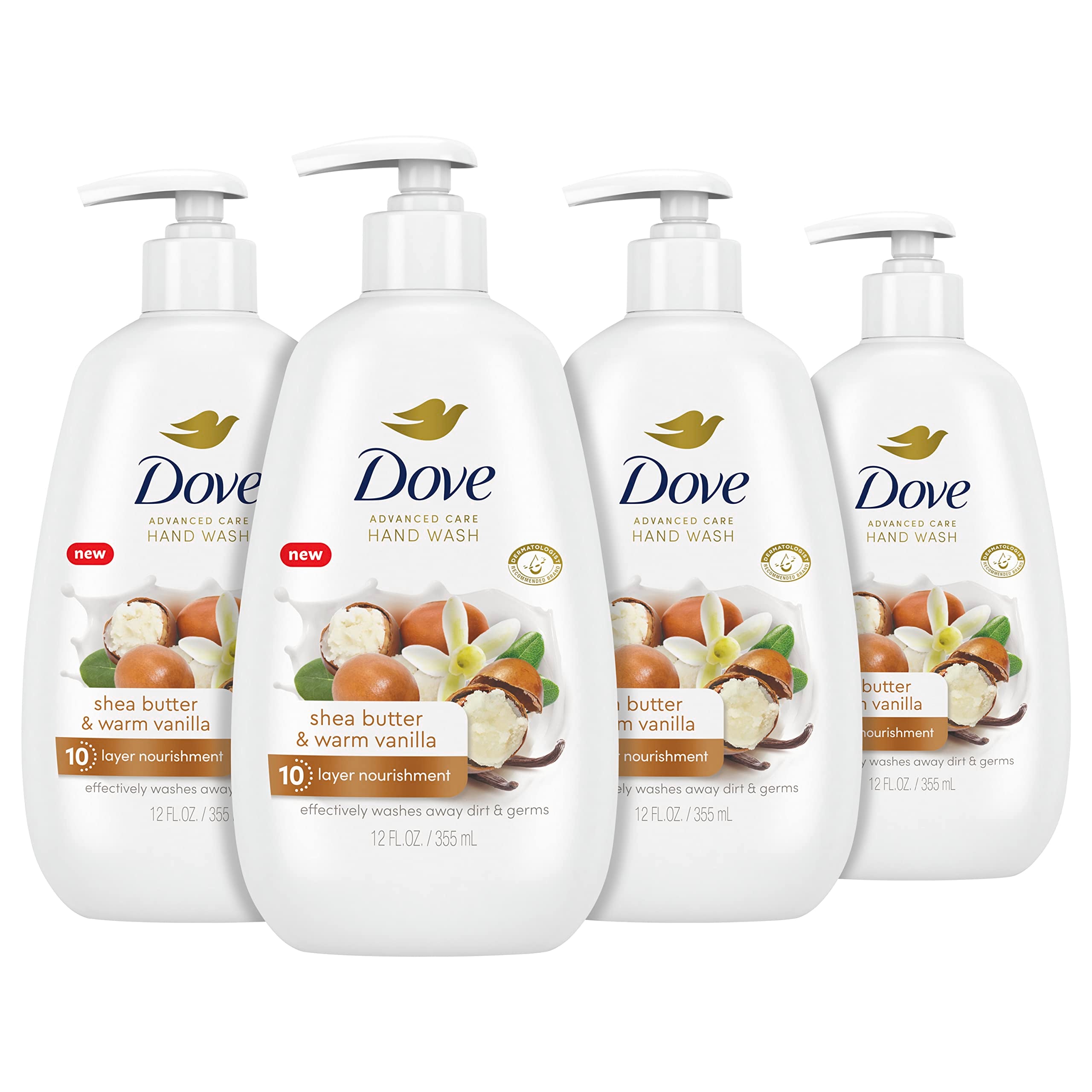 Dove Advanced Care Hand Wash Shea Butter & Warm Vanilla 4 Count for Soft, Smooth Skin, More Moisturizers than the Leading Ordina